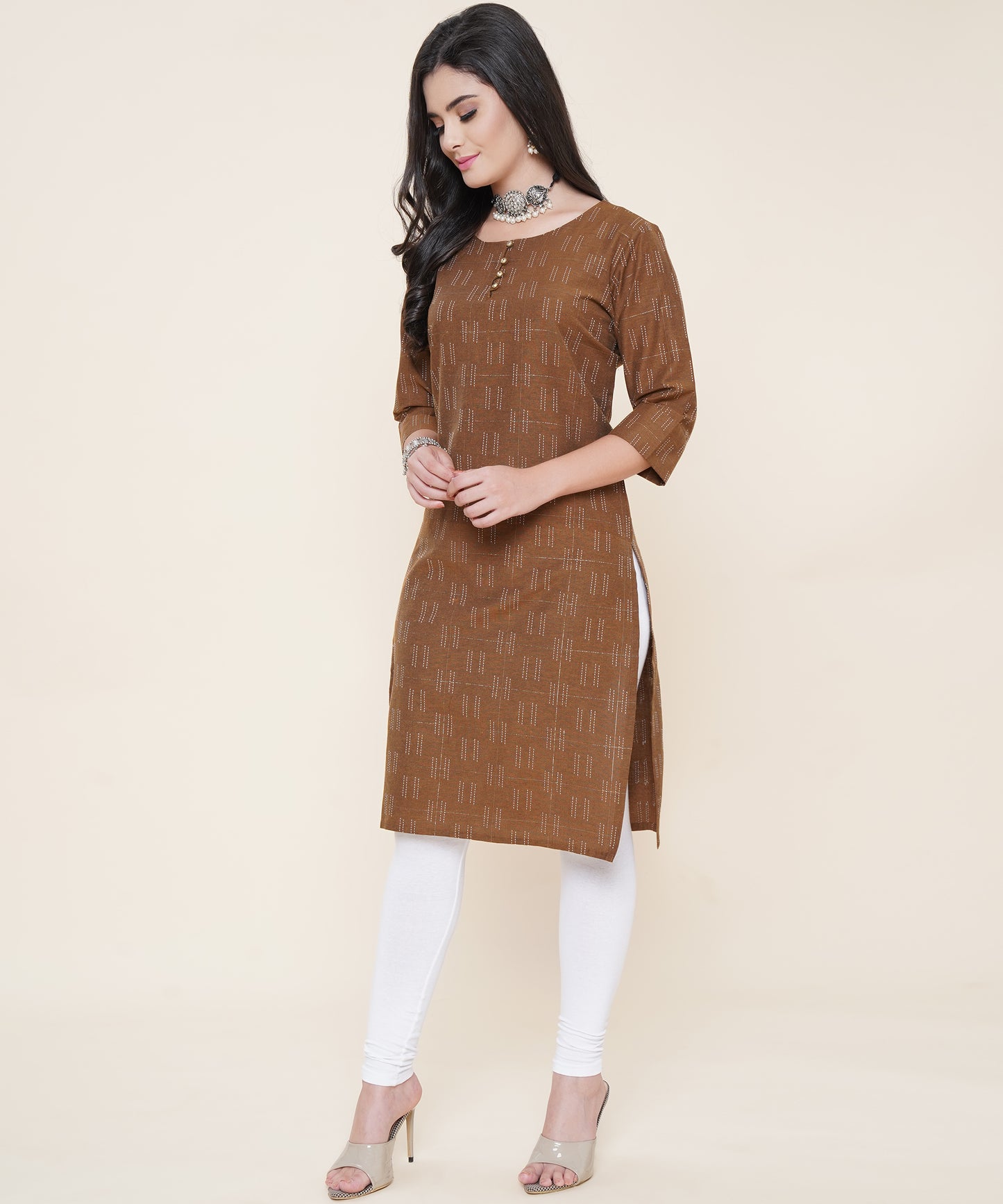 Cotton Self Weaved Kurta Design with Golden Button, Brown