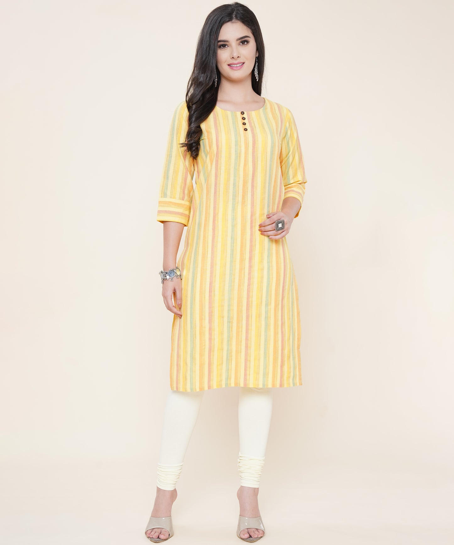Cotton Self Weaved Multi Strip Kurta Design, Yellow