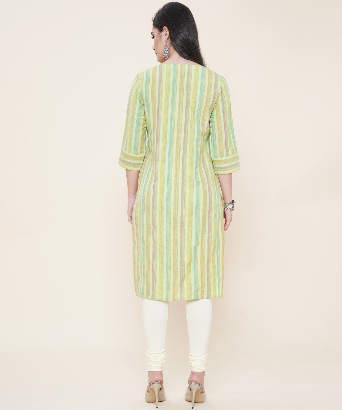 Women Cotton Multicolour Strip Pattern Round Neck Style with Buttons 3/4th Sleeves (Color:-Green)