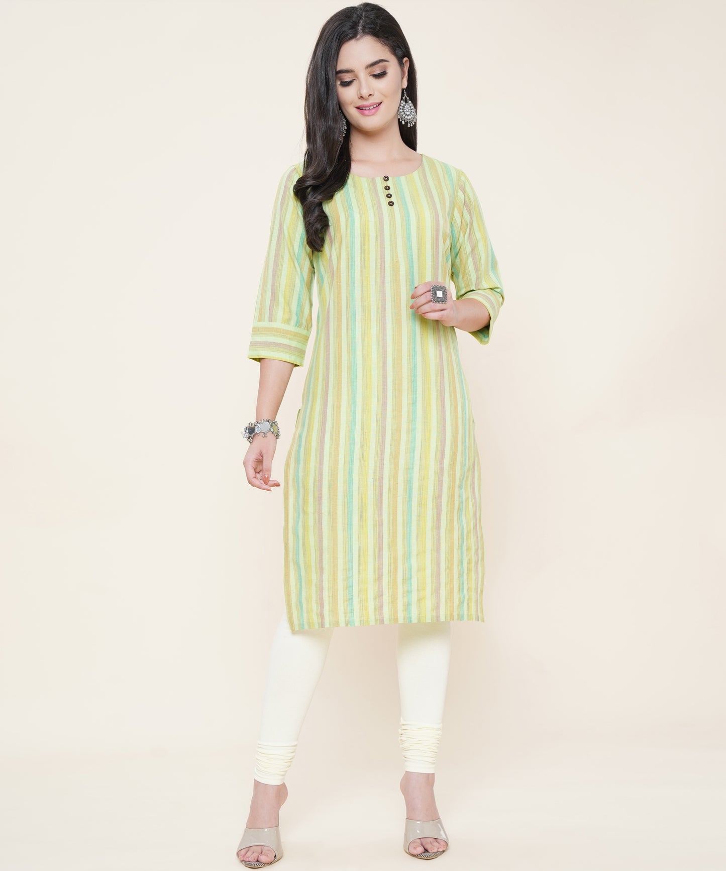 Women Cotton Multicolour Strip Pattern Round Neck Style with Buttons 3/4th Sleeves (Color:-Green)