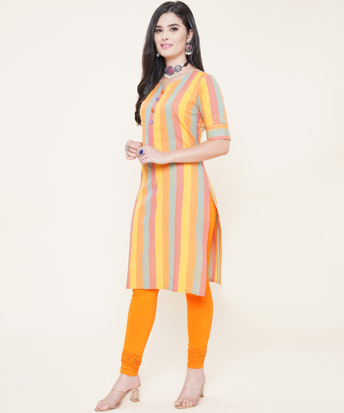 Cotton Self Weaved Multi Colour Striped Kurta Design, Yellow