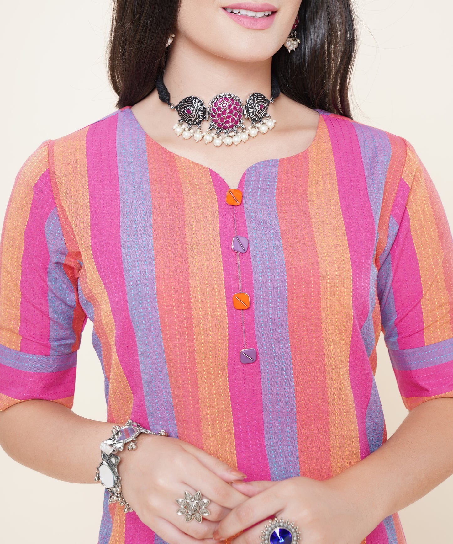 Cotton Self Weaved Multi Colour Striped Kurta, Pink