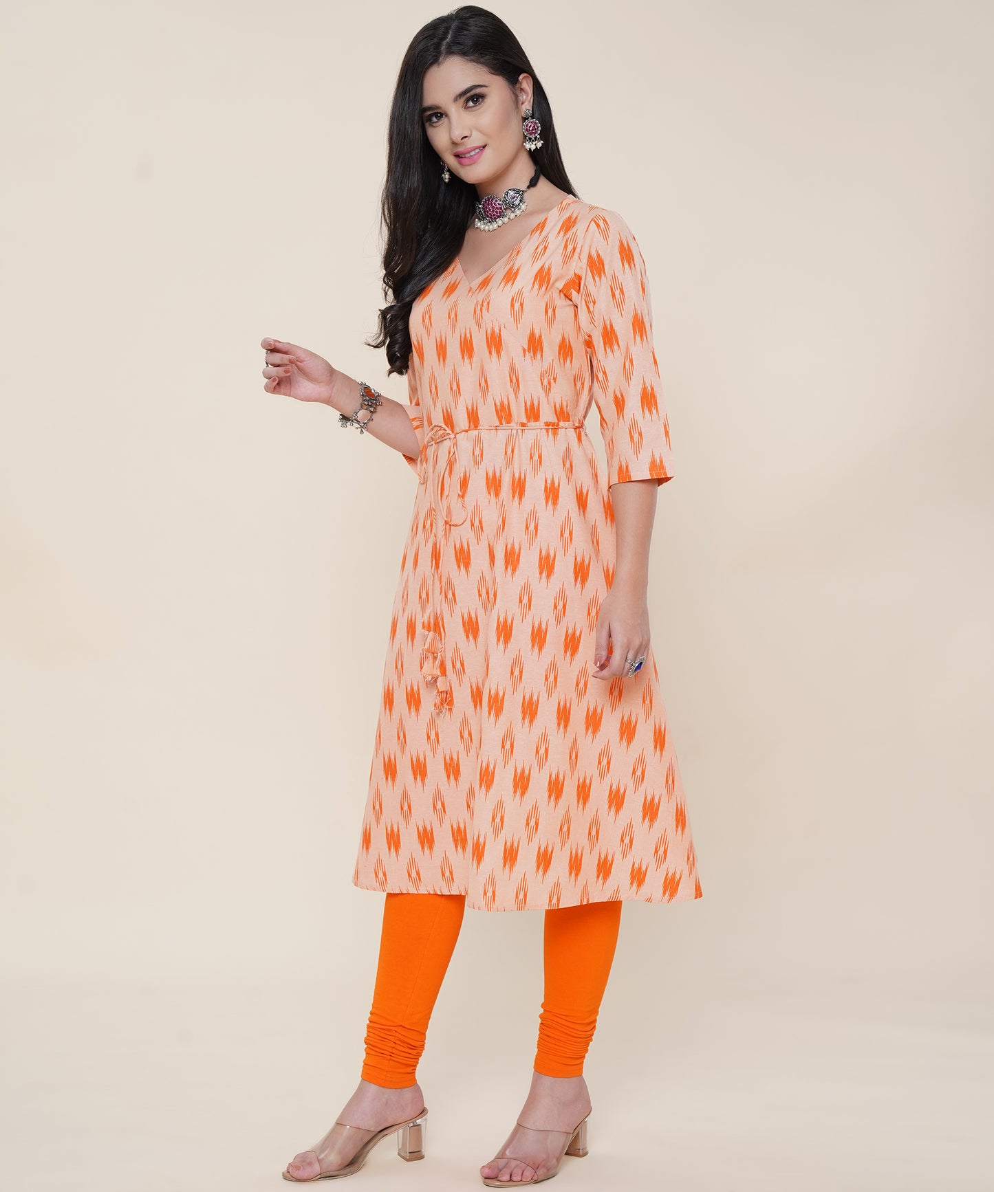 Cotton Printed Angrakha Style Kurta Design , Orange