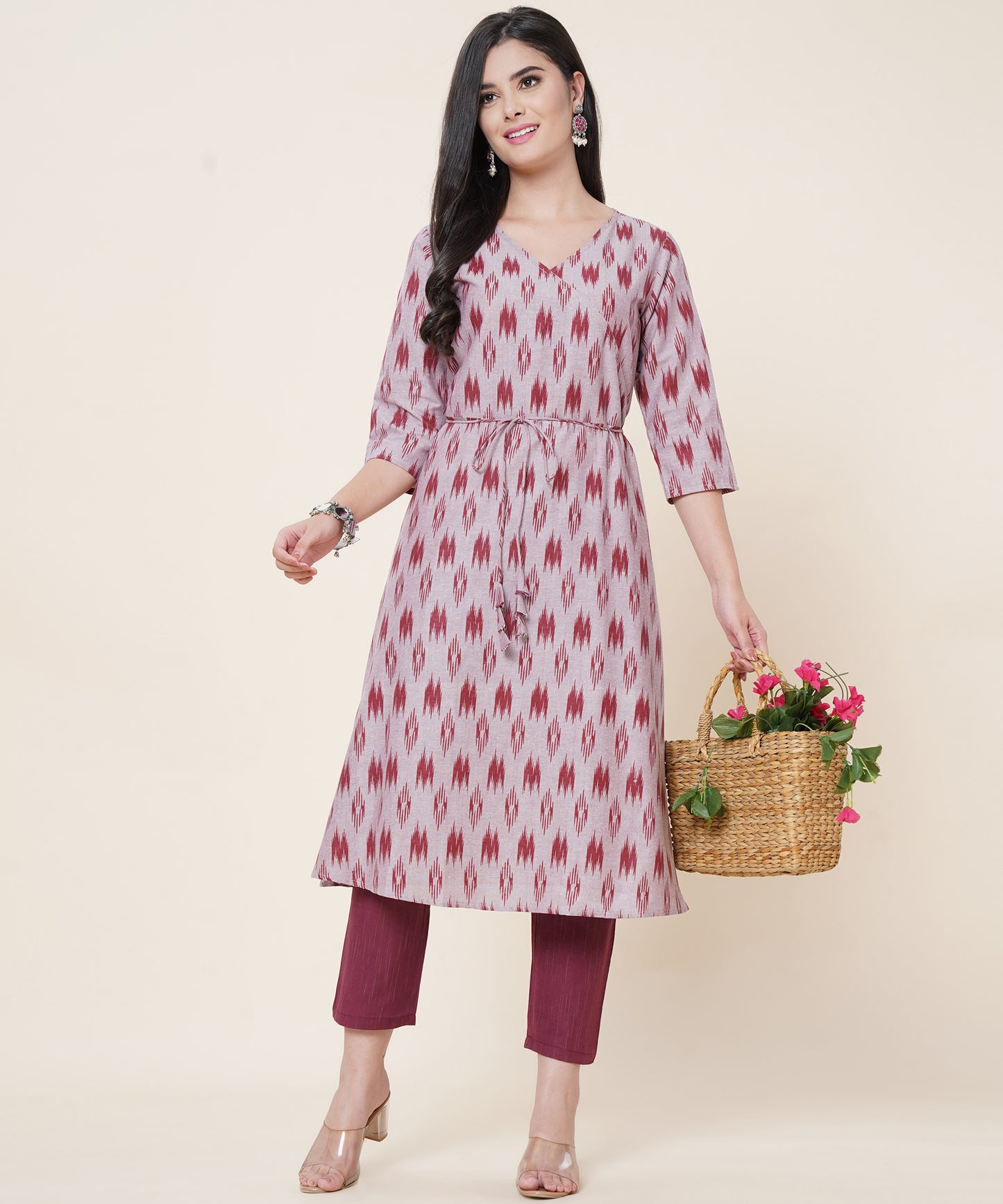 Cotton Printed Angrakha Style Kurta Design, Maroon