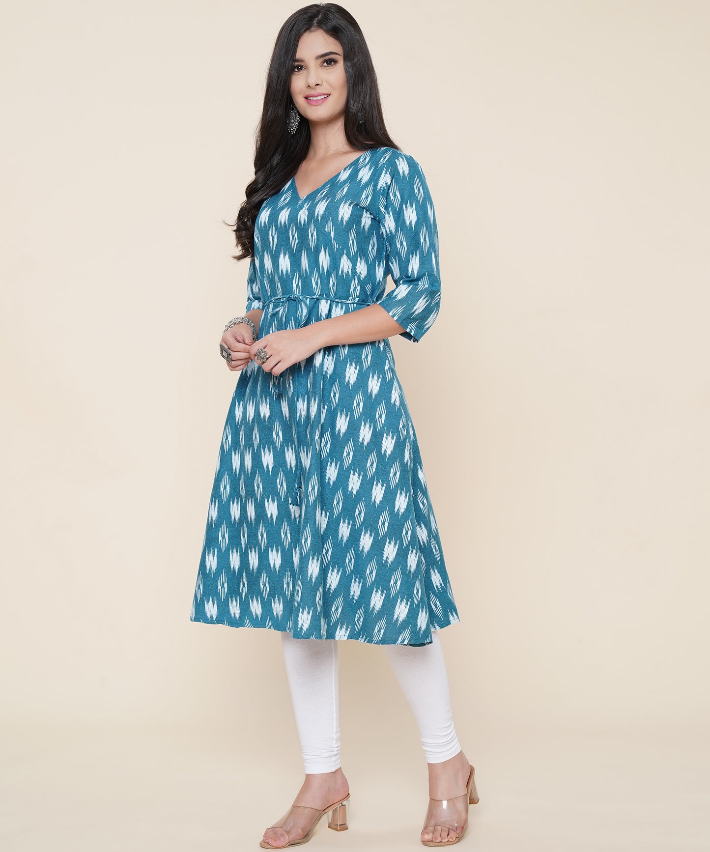 Cotton Printed Angrakha Style Kurta Design, Blue