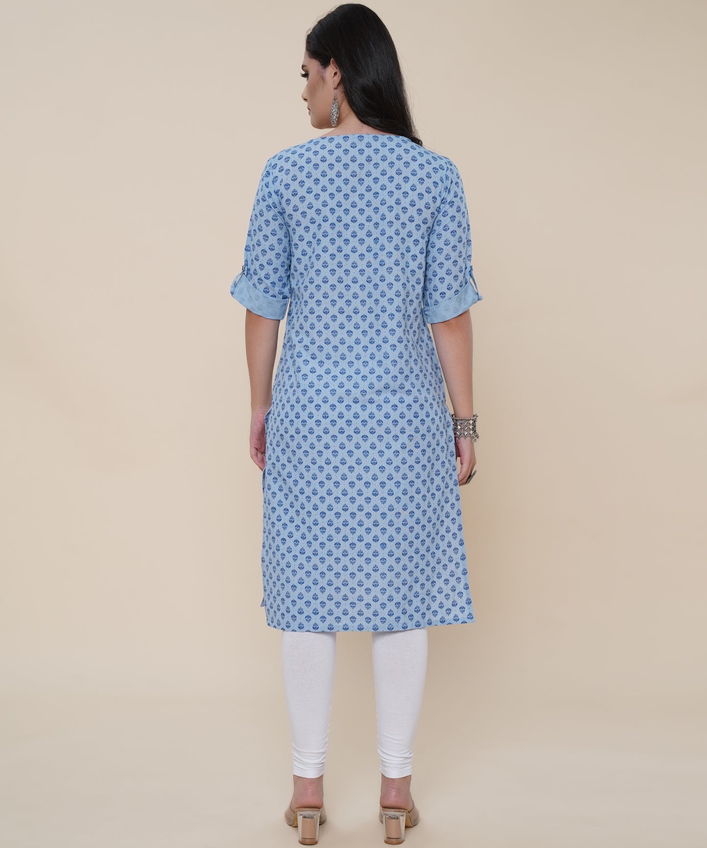 Cotton Printed Kurta Design with Tap Sleeve Button Style, Blue