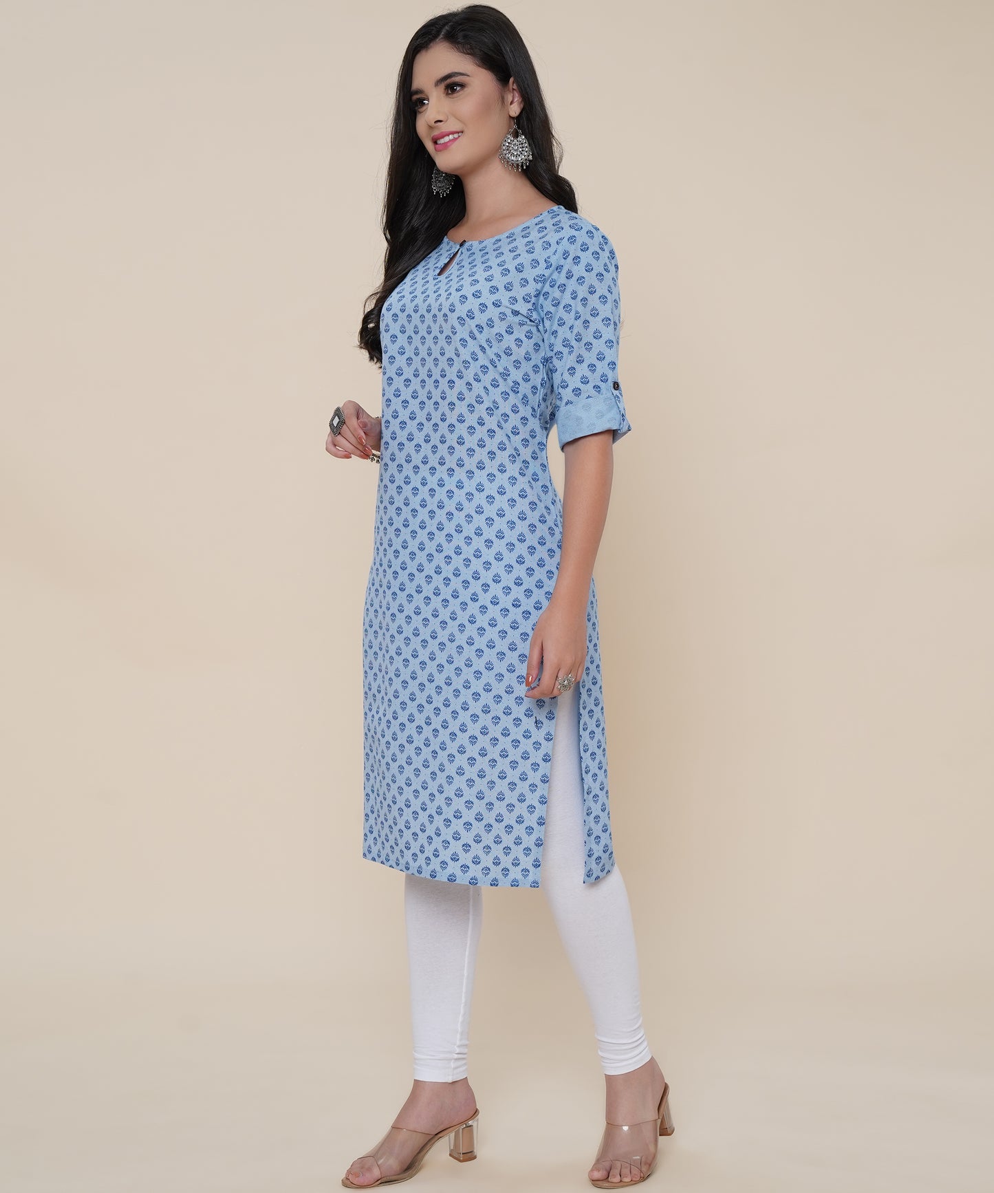 Cotton Printed Kurta Design with Tap Sleeve Button Style, Blue