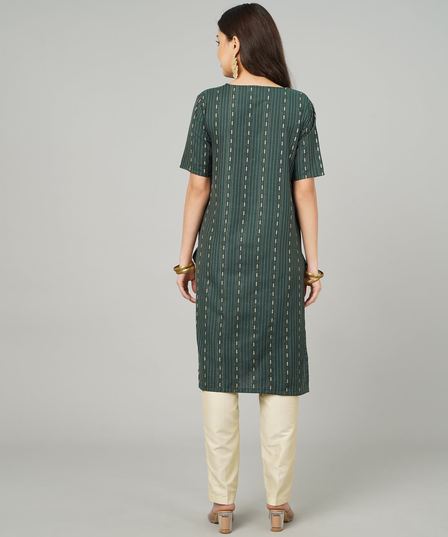 Cotton Dobby Woven Design V- Neck Elbow Sleeves Knee Length Kurta for Women's(Colour-Green)