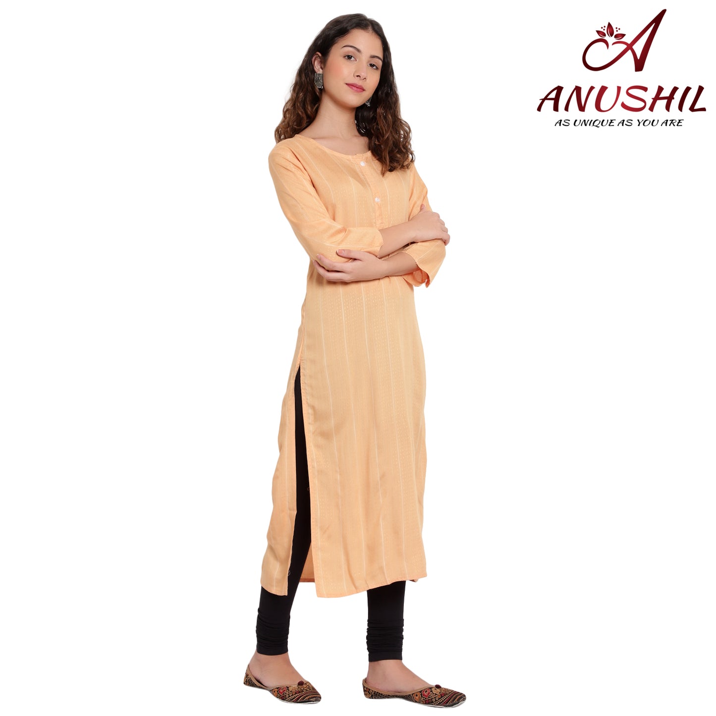 Cotton Rayon Kurta With Self Weaving Design, Orange A-511