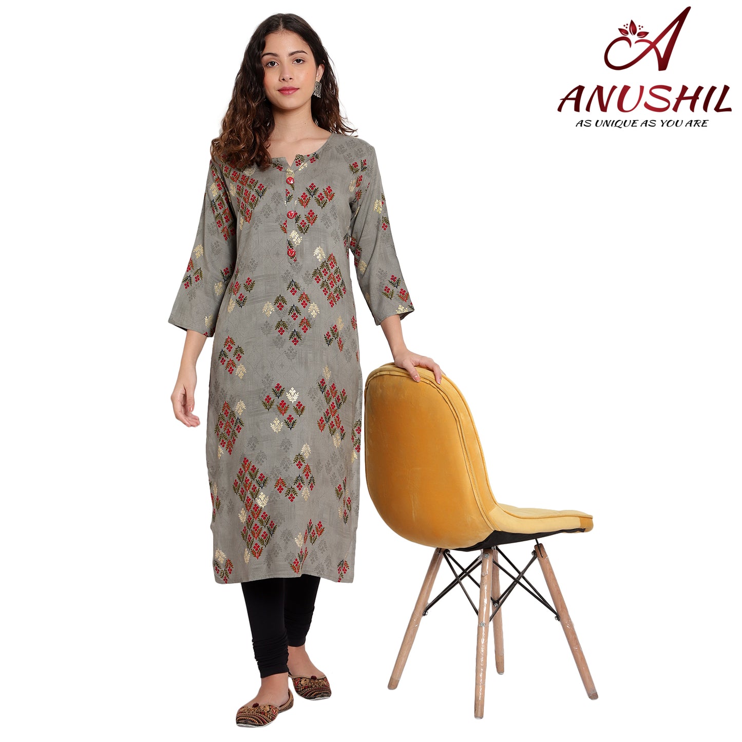 Cotton Rayon Kurta With Gold Printing,Grey A-506