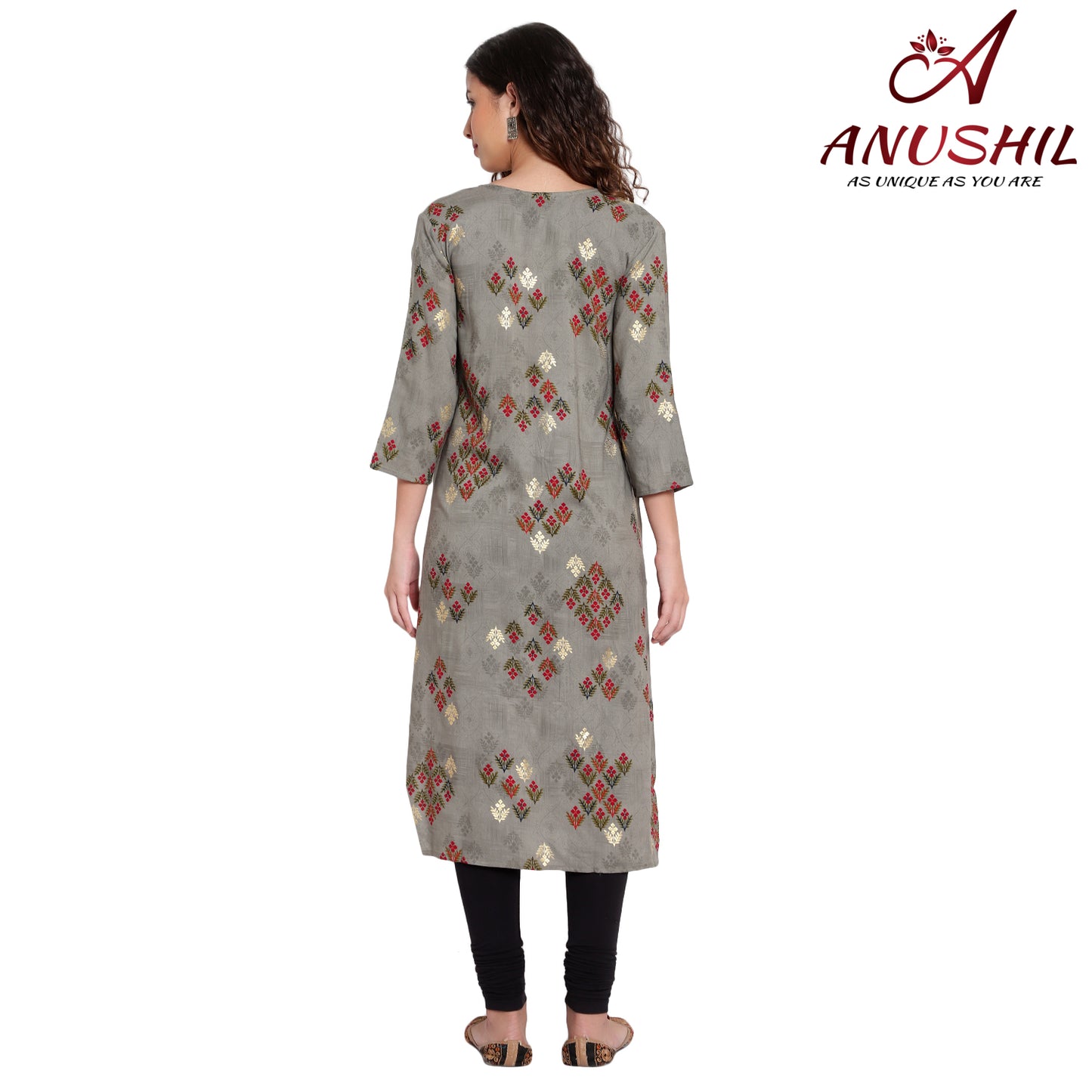 Cotton Rayon Kurta With Gold Printing,Grey A-506