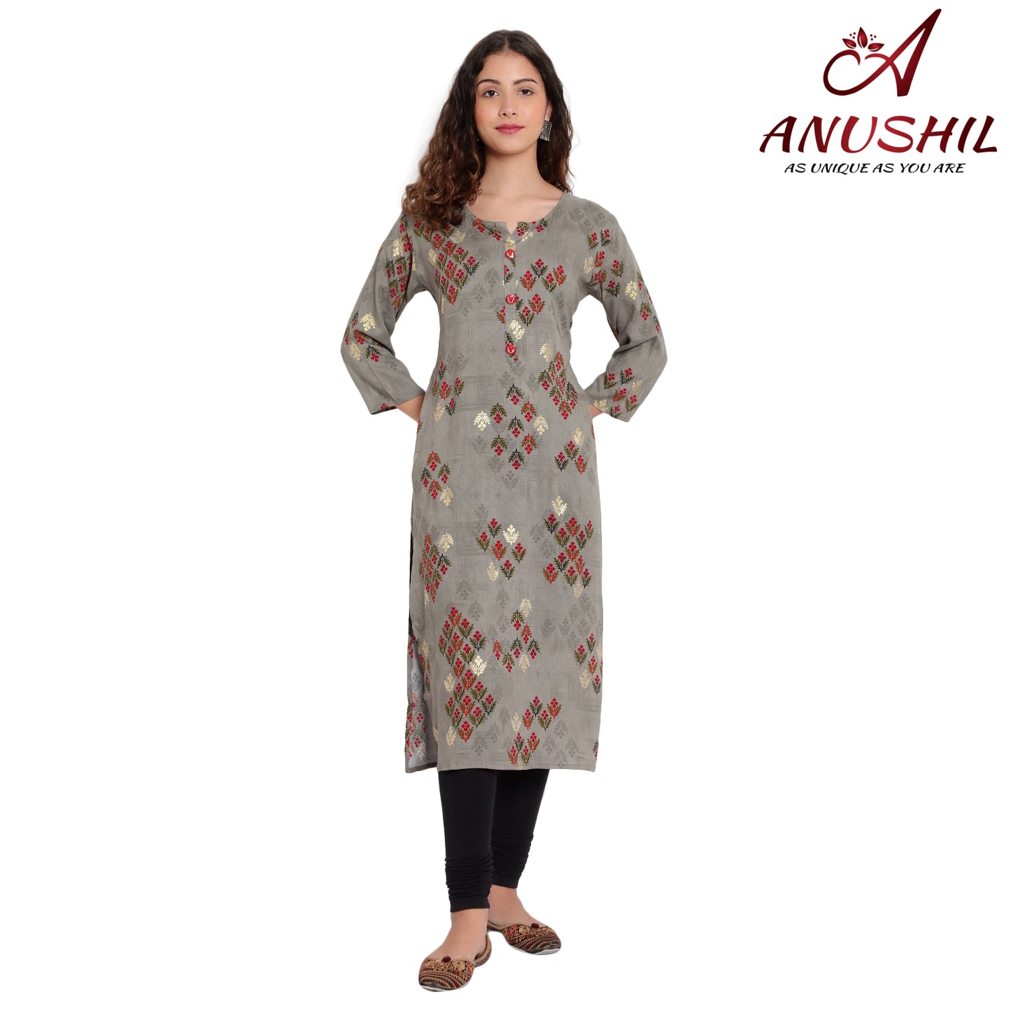 Cotton Rayon Kurta With Gold Printing,Grey A-506