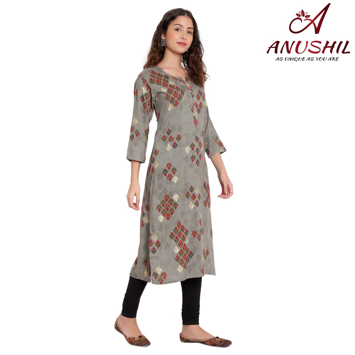 Cotton Rayon Kurta With Gold Printing,Grey A-506