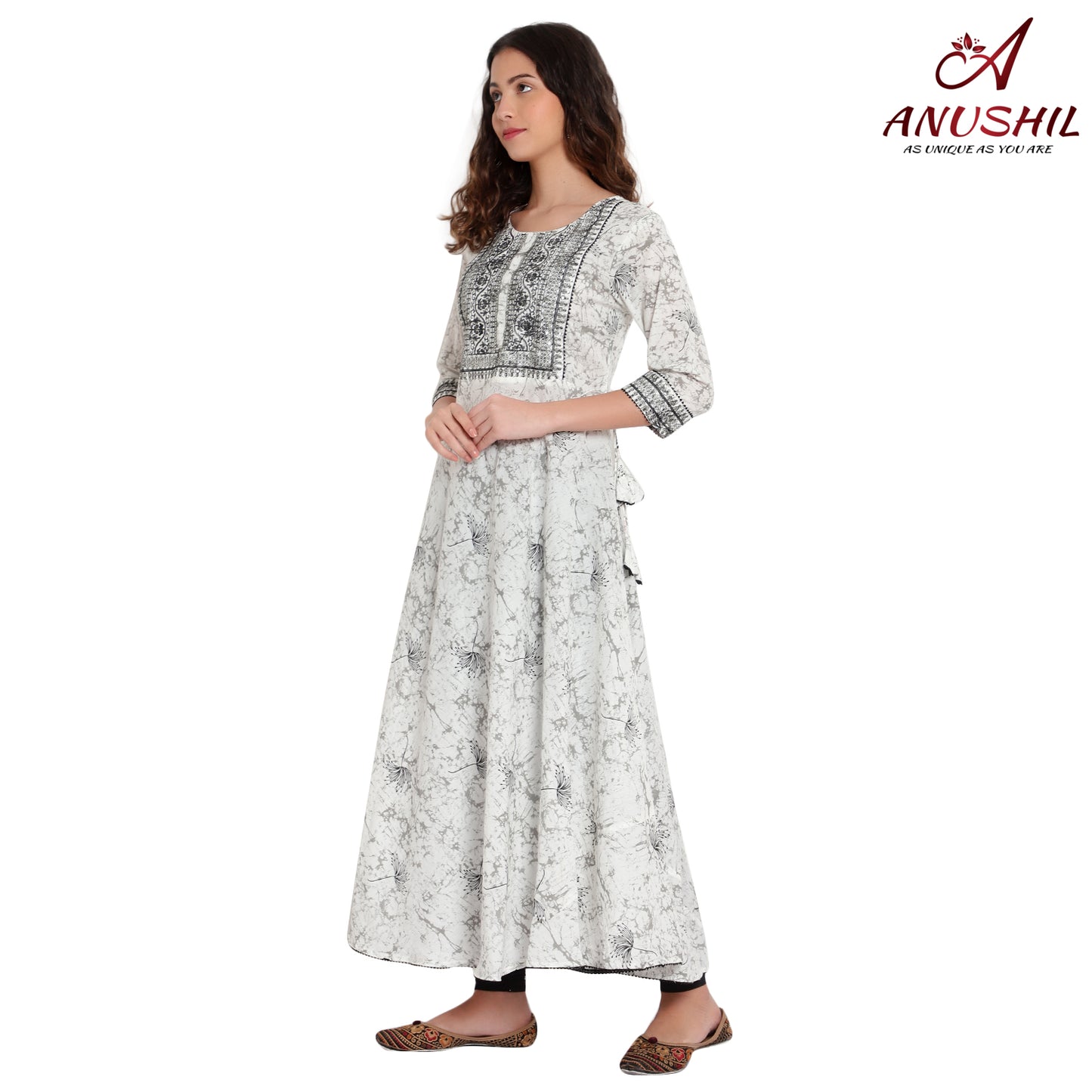 Cotton Kurti Anarkali Style With Embroidery, White A-502