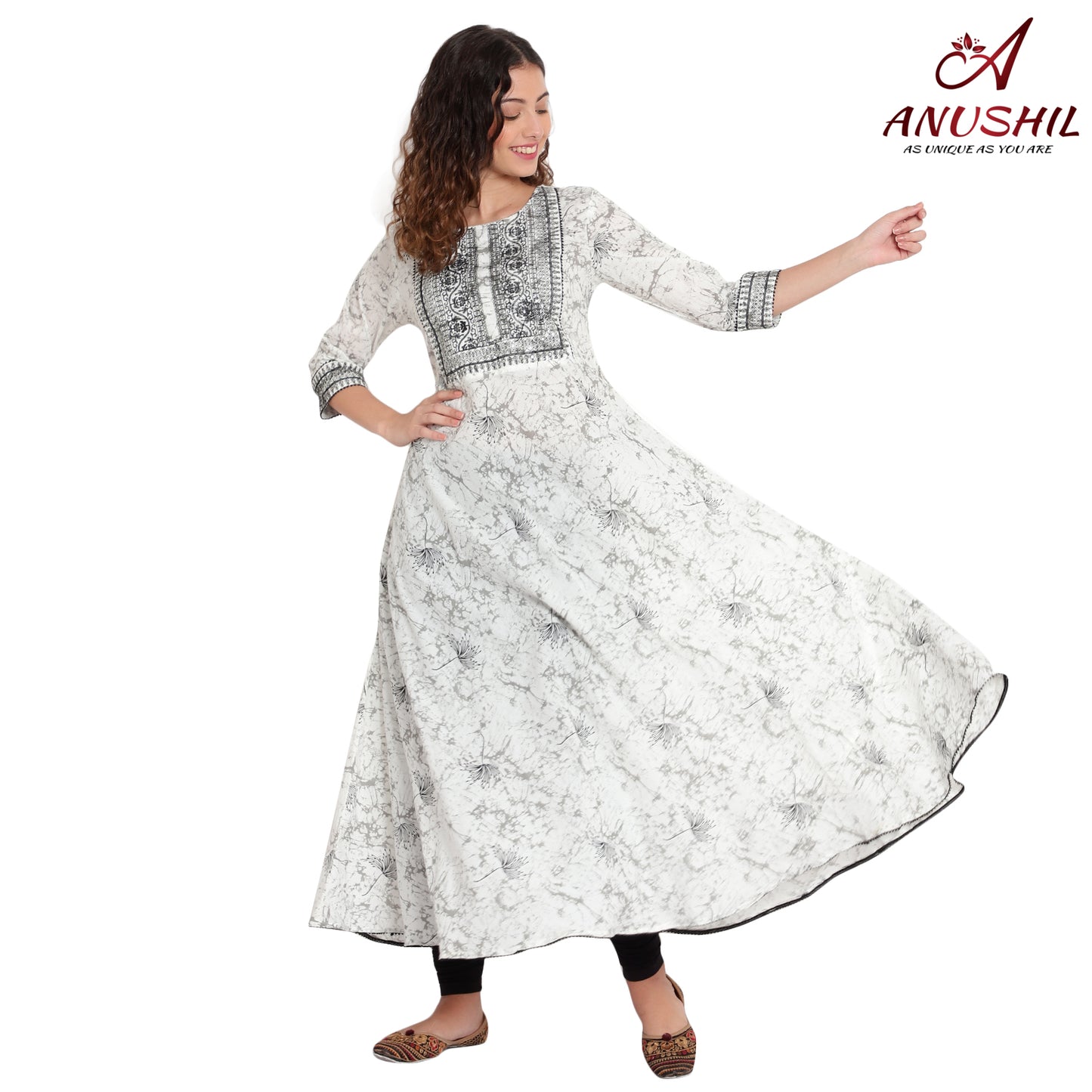 Cotton Kurti Anarkali Style With Embroidery, White A-502