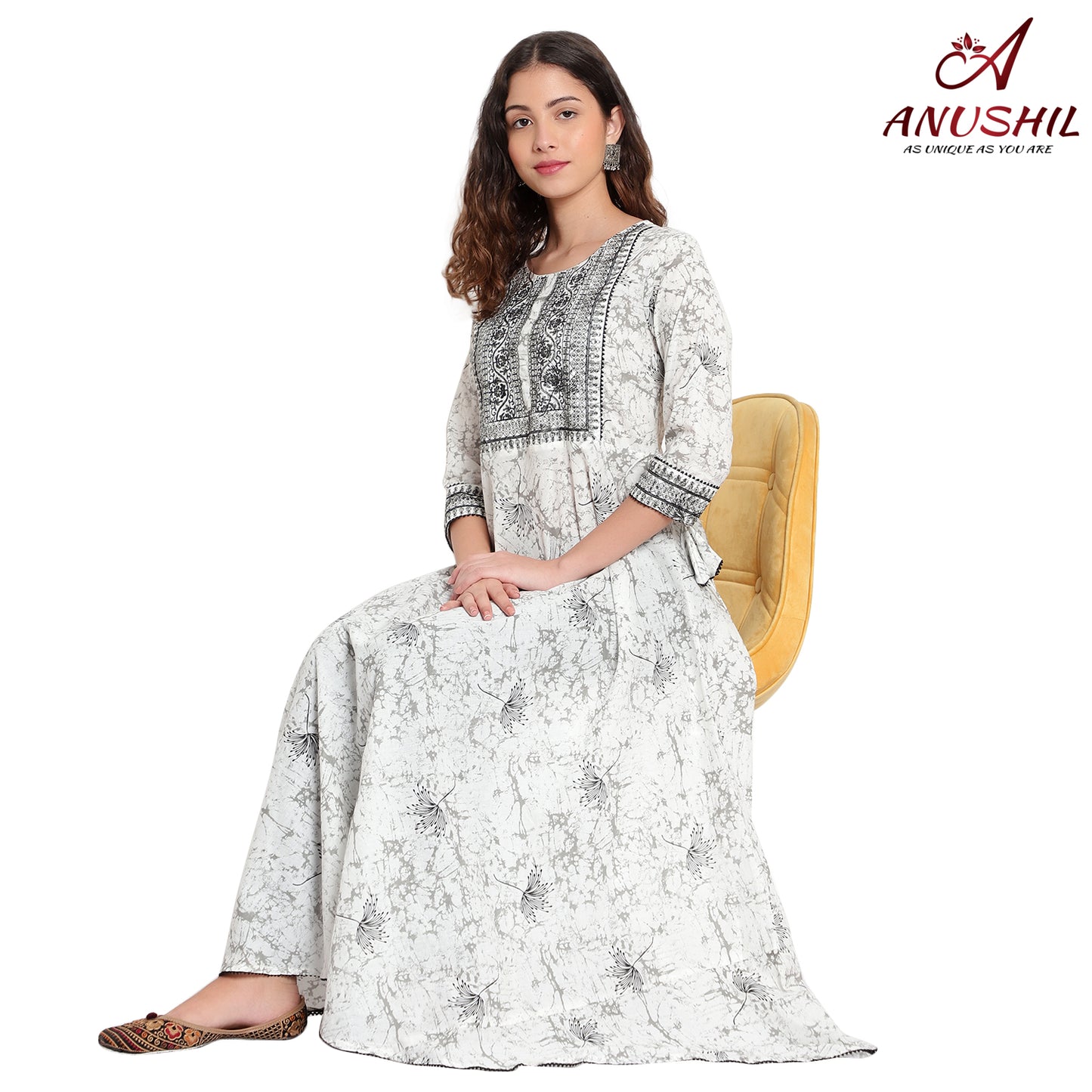 Cotton Kurti Anarkali Style With Embroidery, White A-502