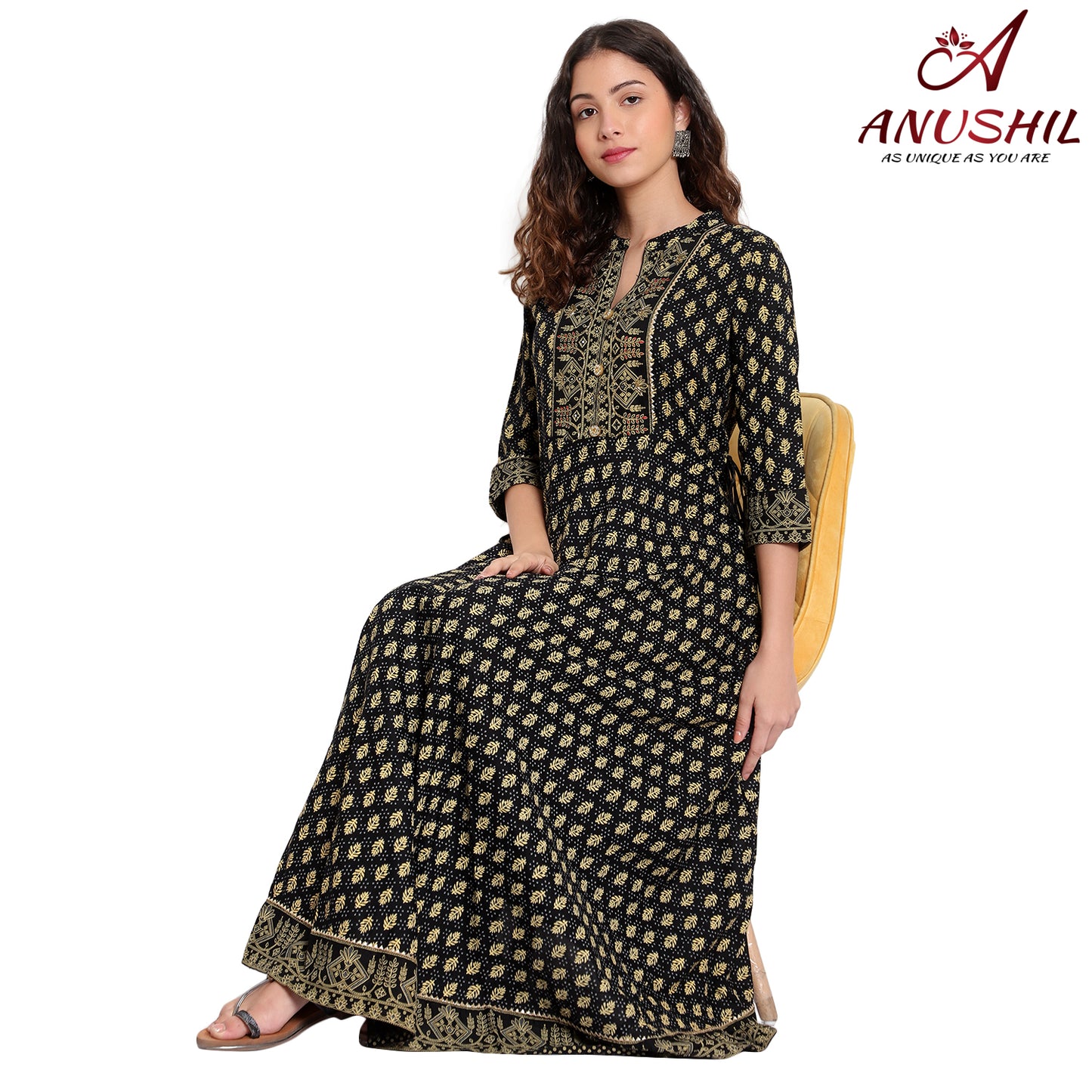 Cotton Kurta With Embroidery Anarkali Style, Black A-503