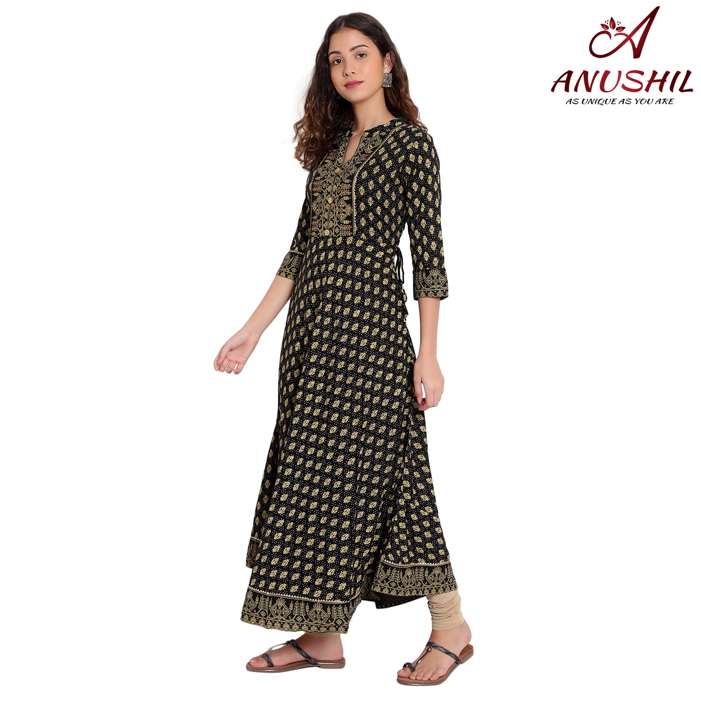 Cotton Kurta With Embroidery Anarkali Style, Black A-503