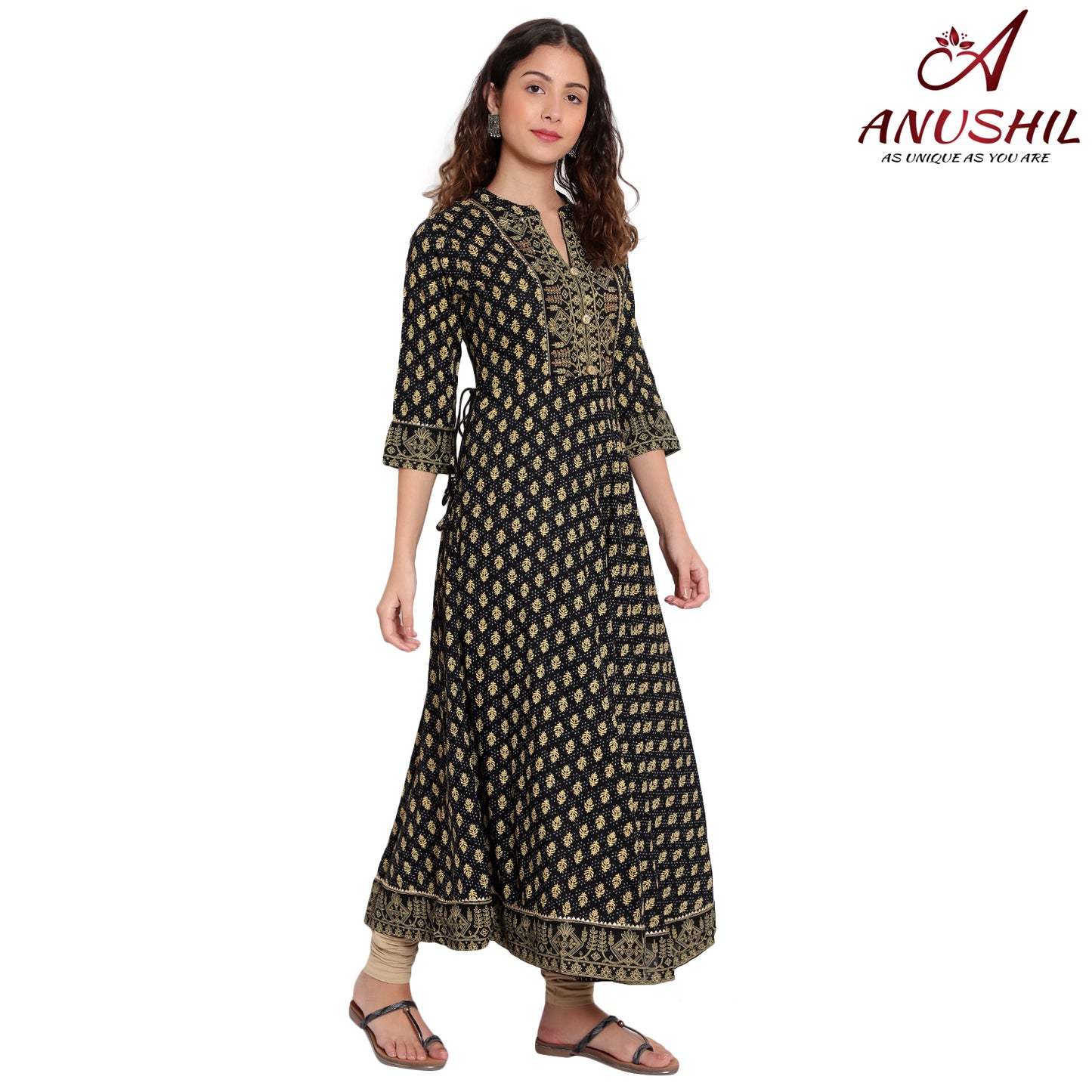 Cotton Kurta With Embroidery Anarkali Style, Black A-503