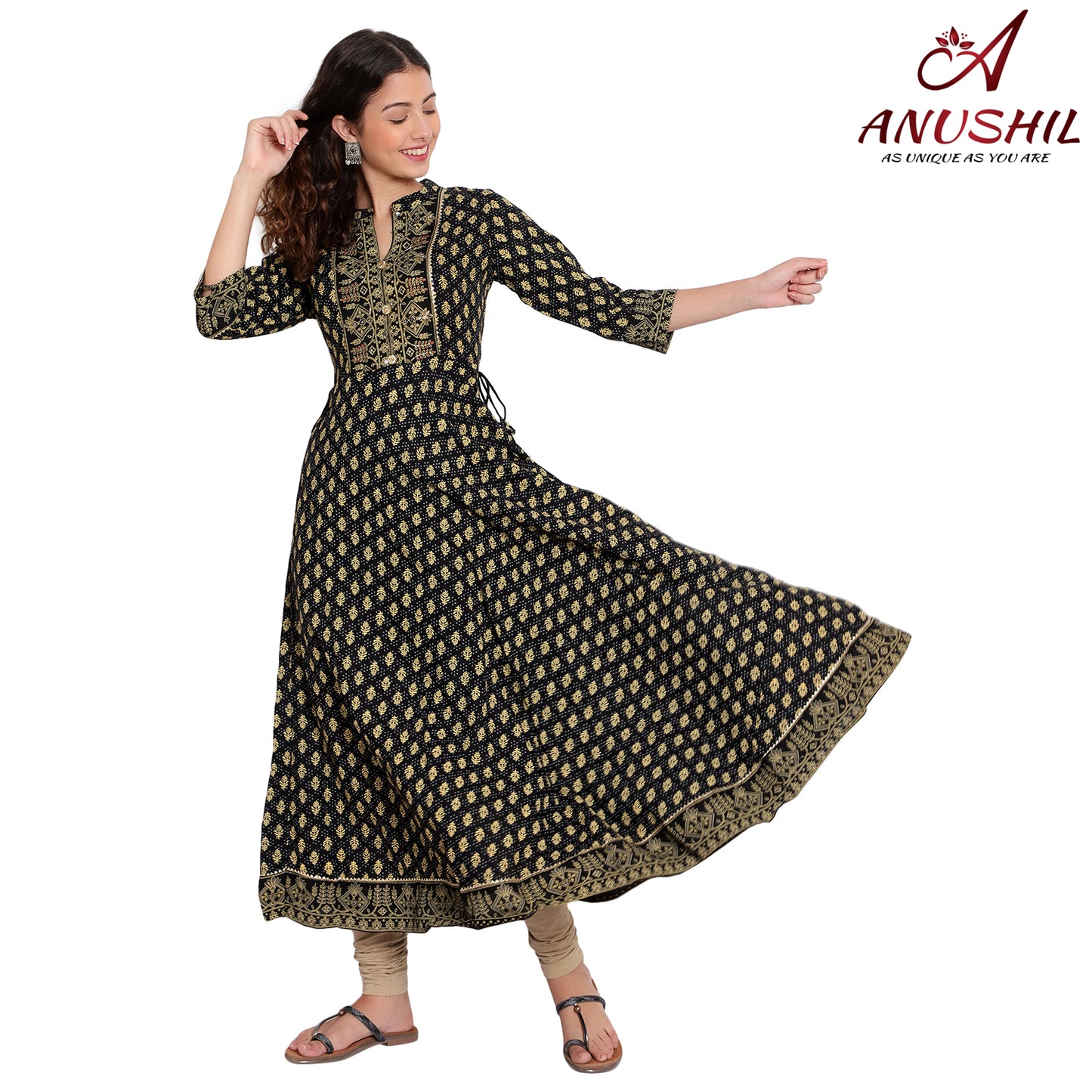 Cotton Kurta With Embroidery Anarkali Style, Black A-503