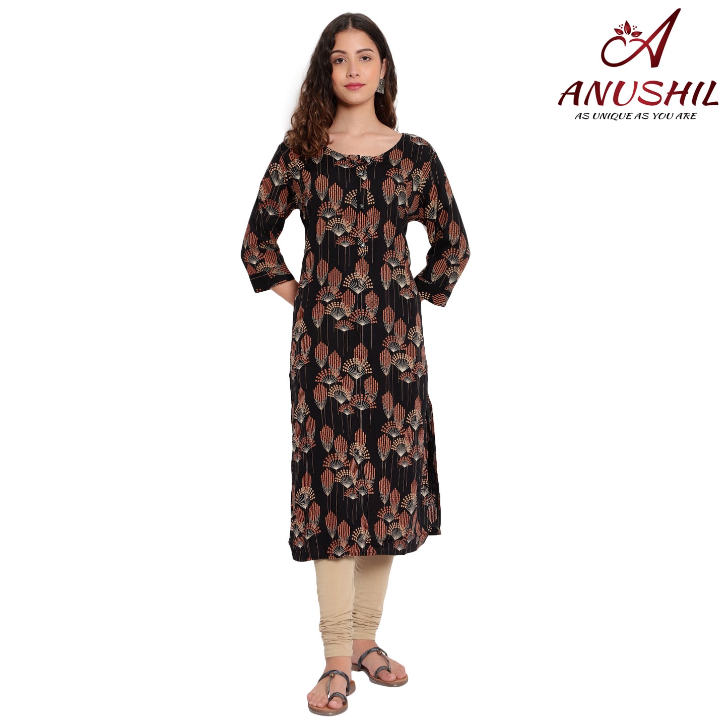 Gold Printed Kurta, Black A-510