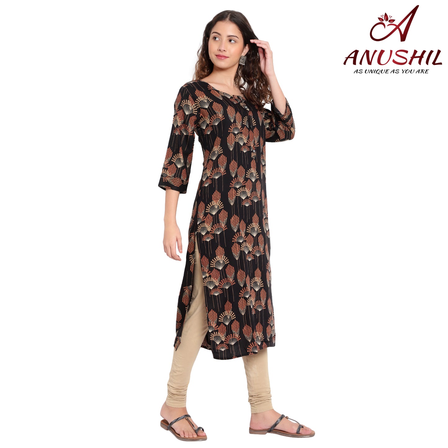 Gold Printed Kurta, Black A-510