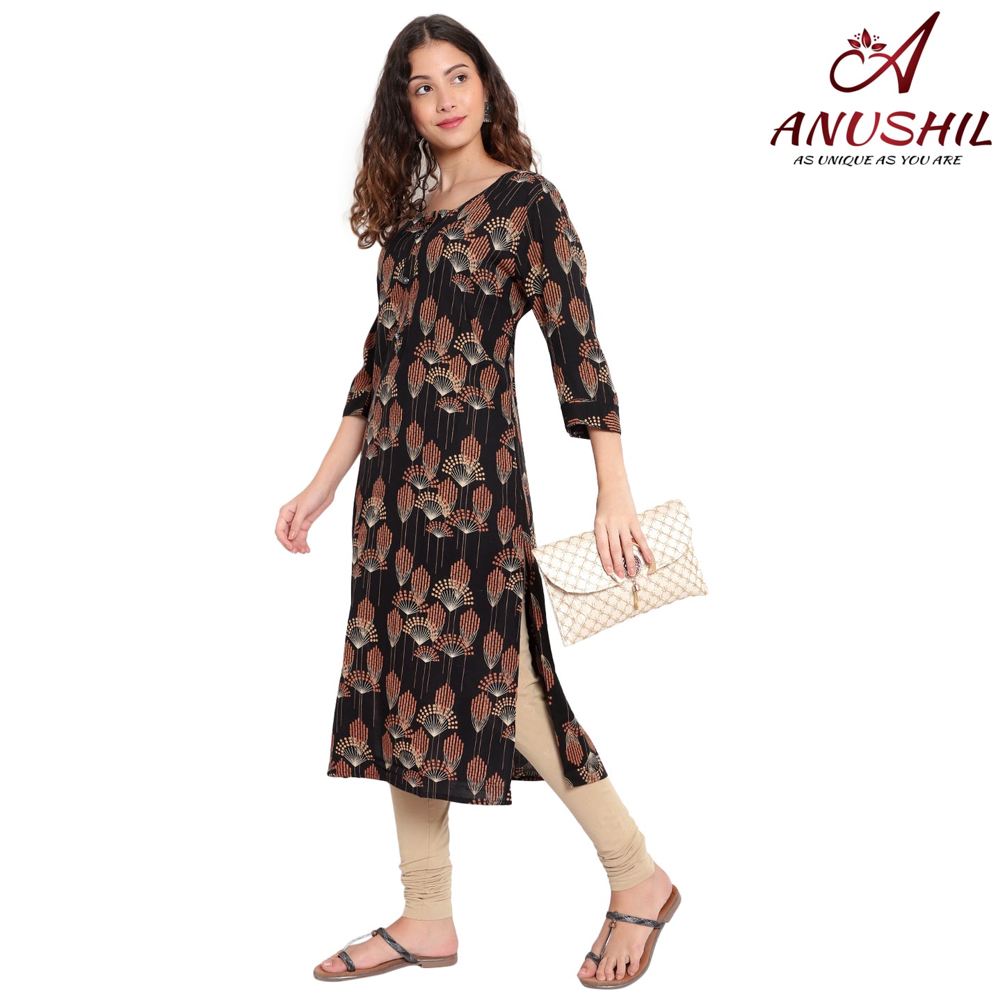 Gold Printed Kurta, Black A-510