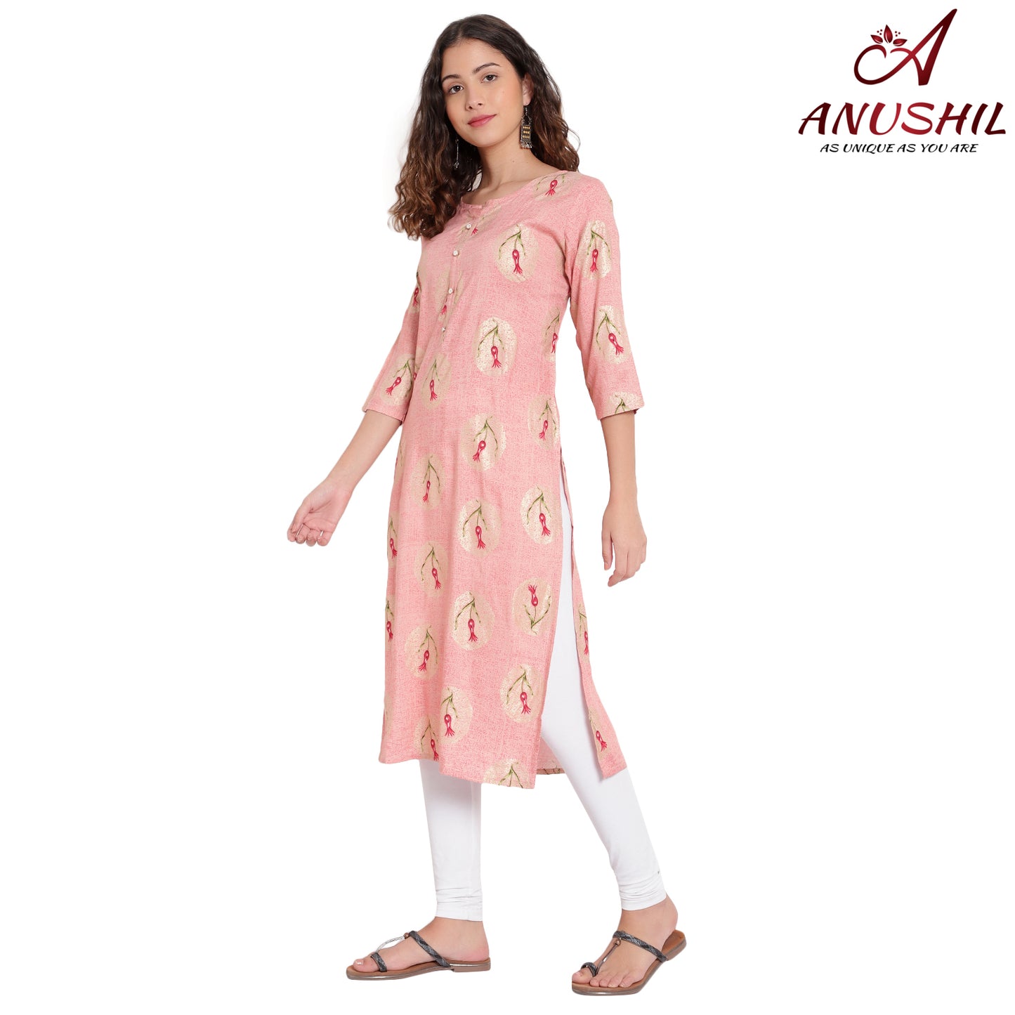 Cotton Rayon Printed Kurta, Pink A-505