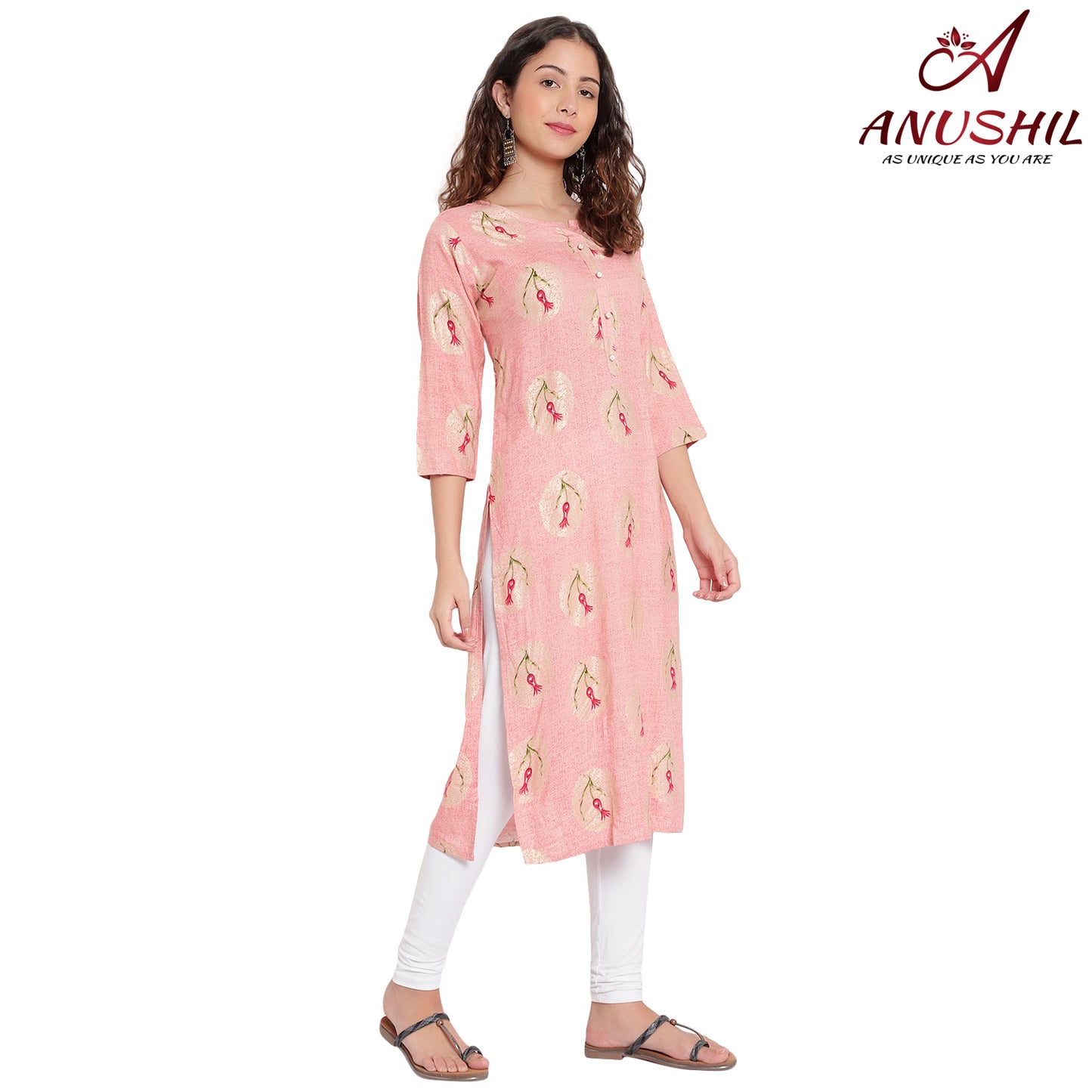 Cotton Rayon Printed Kurta, Pink A-505