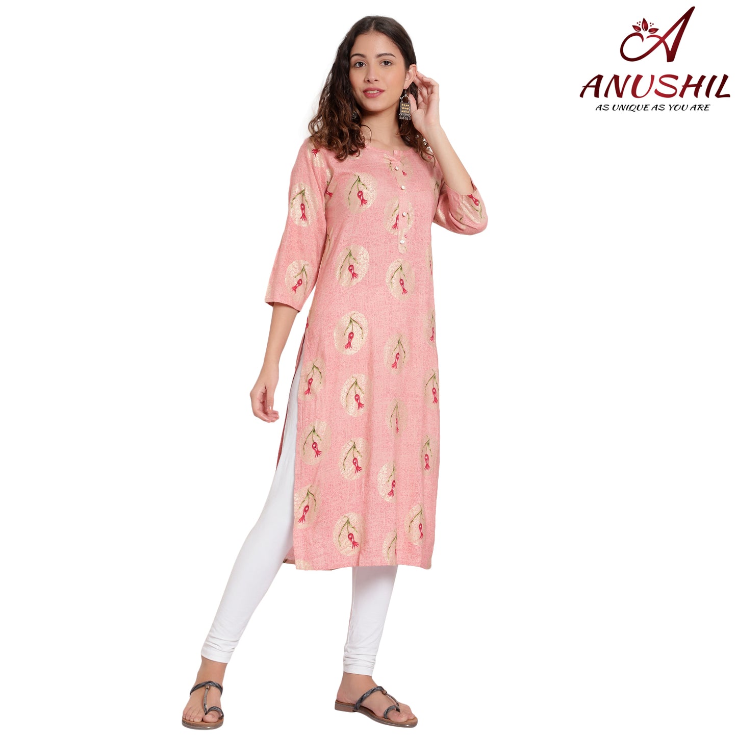 Cotton Rayon Printed Kurta, Pink A-505