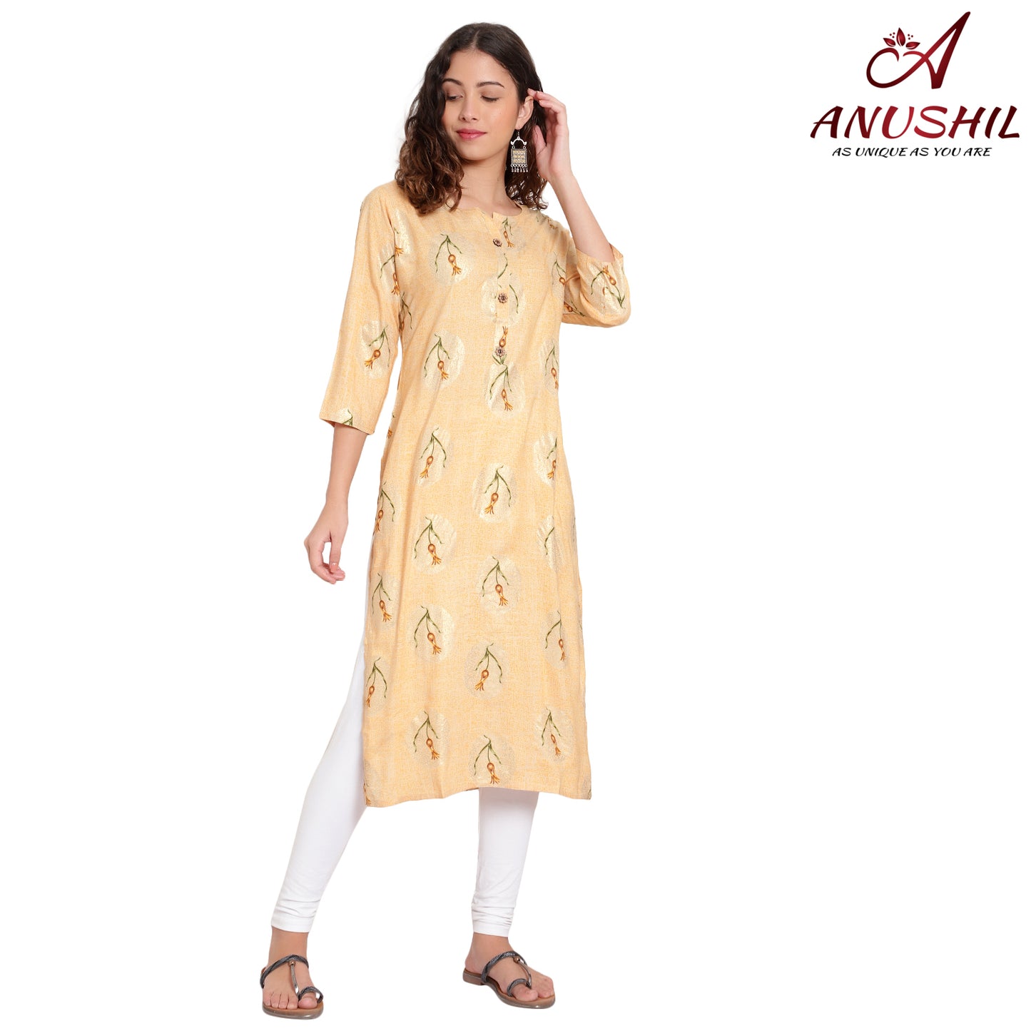 Cotton Rayon Printed Kurta, Yellow A-505