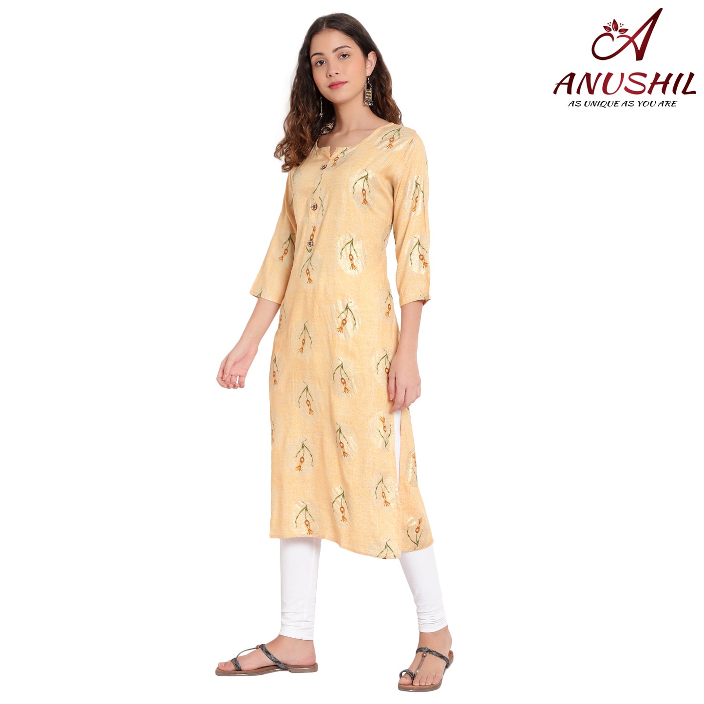 Cotton Rayon Printed Kurta, Yellow A-505
