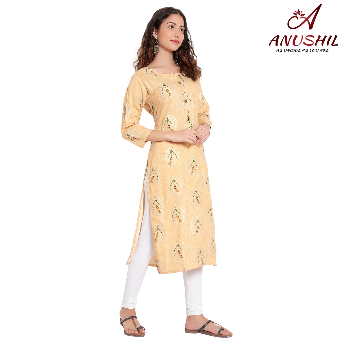 Cotton Rayon Printed Kurta, Yellow A-505