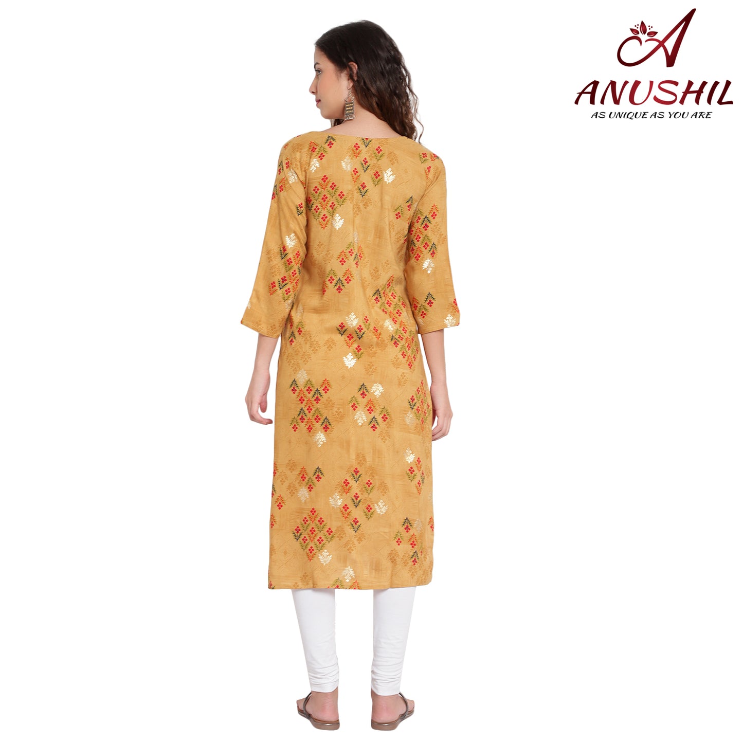 Cotton Rayon Printed Kurta With Gold Print, Yellow A-506