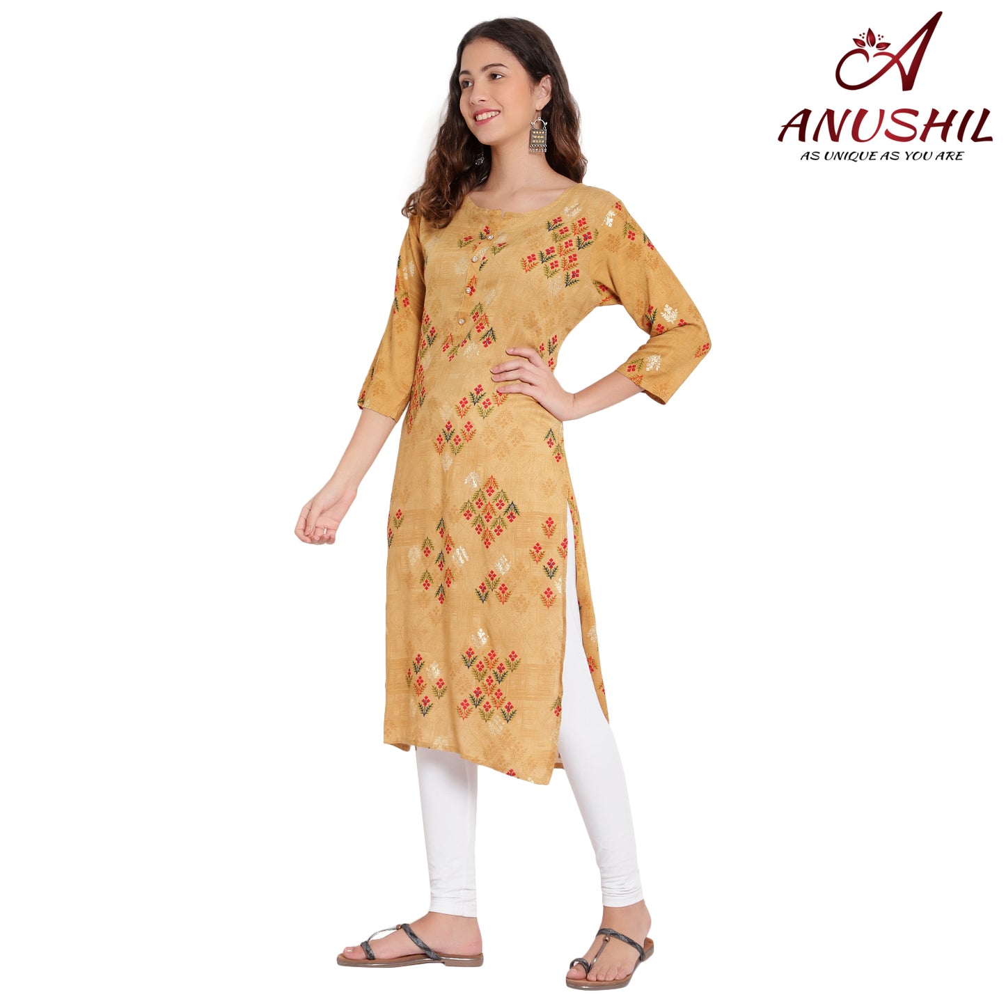 Cotton Rayon Printed Kurta With Gold Print, Yellow A-506