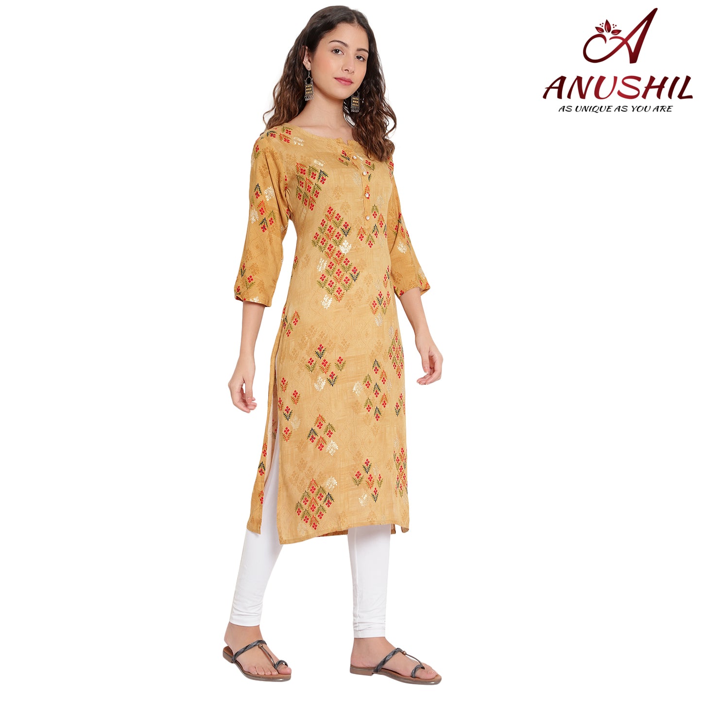 Cotton Rayon Printed Kurta With Gold Print, Yellow A-506