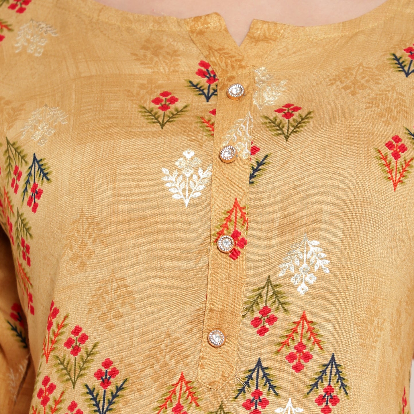 Cotton Rayon Printed Kurta With Gold Print, Yellow A-506