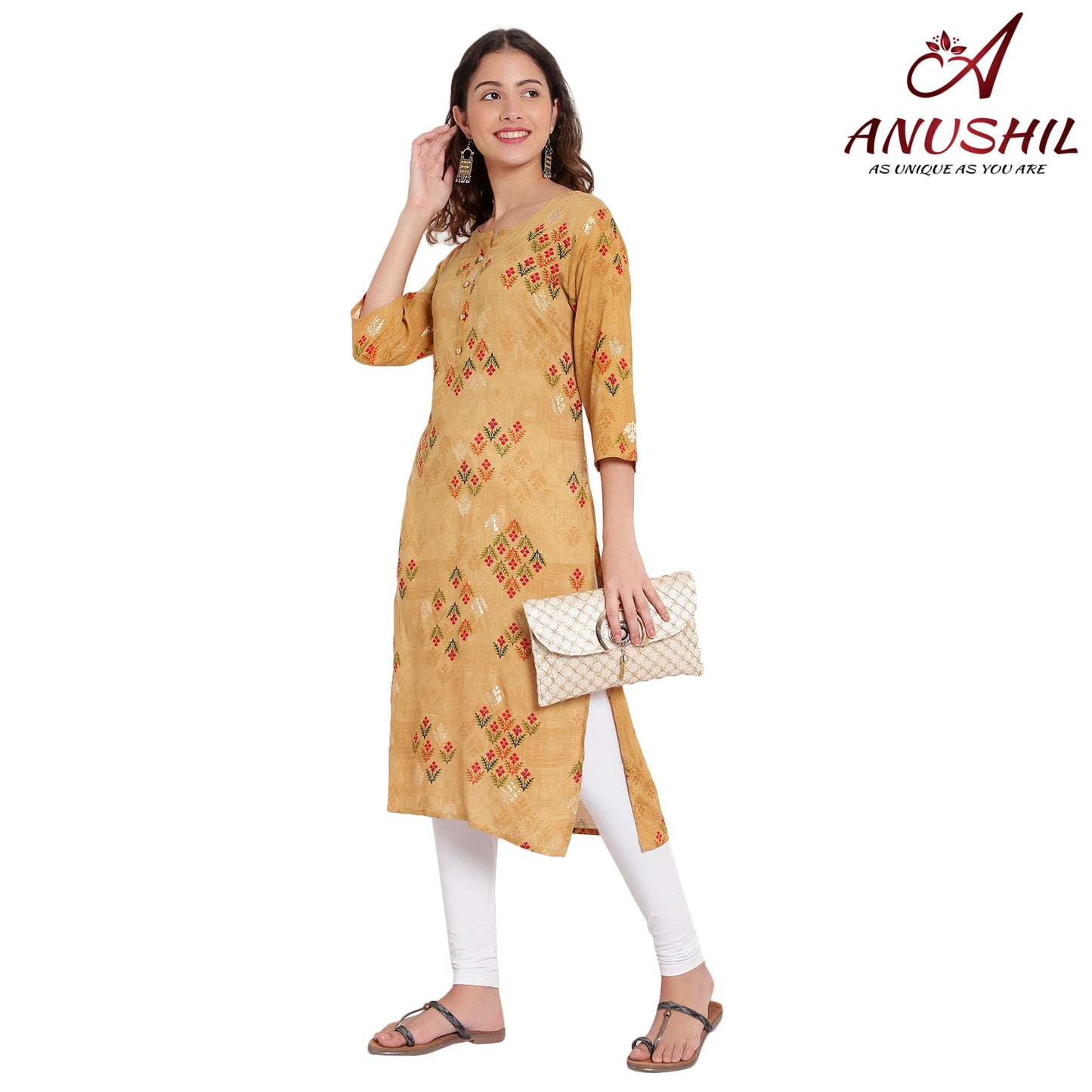Cotton Rayon Printed Kurta With Gold Print, Yellow A-506