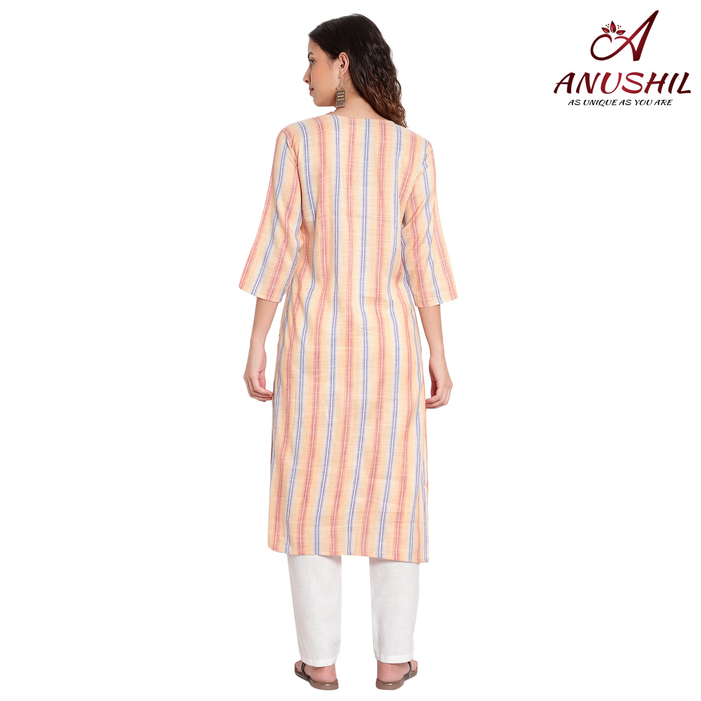 Cotton Rayon Stripe Pattern Kurta, Orange A-508