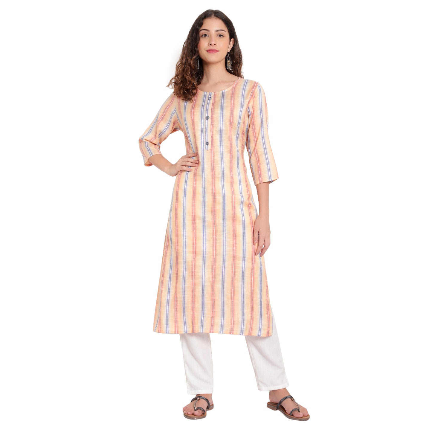 Cotton Rayon Stripe Pattern Kurta, Orange A-508