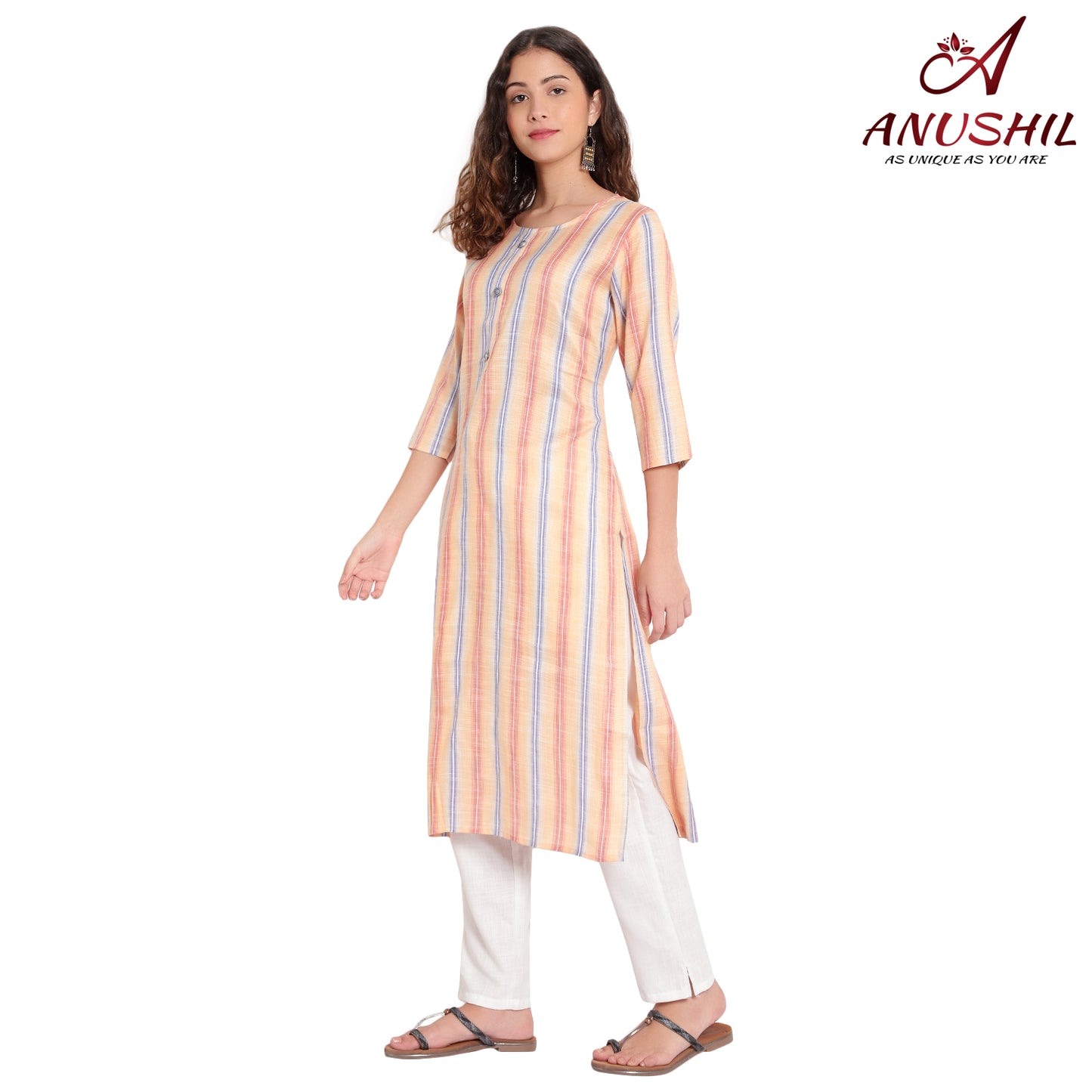 Cotton Rayon Stripe Pattern Kurta, Orange A-508