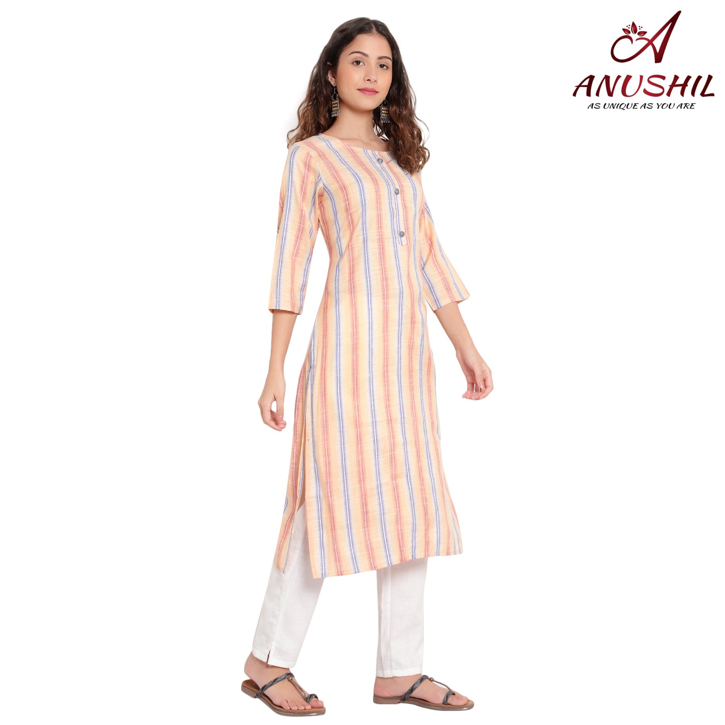 Cotton Rayon Stripe Pattern Kurta, Orange A-508
