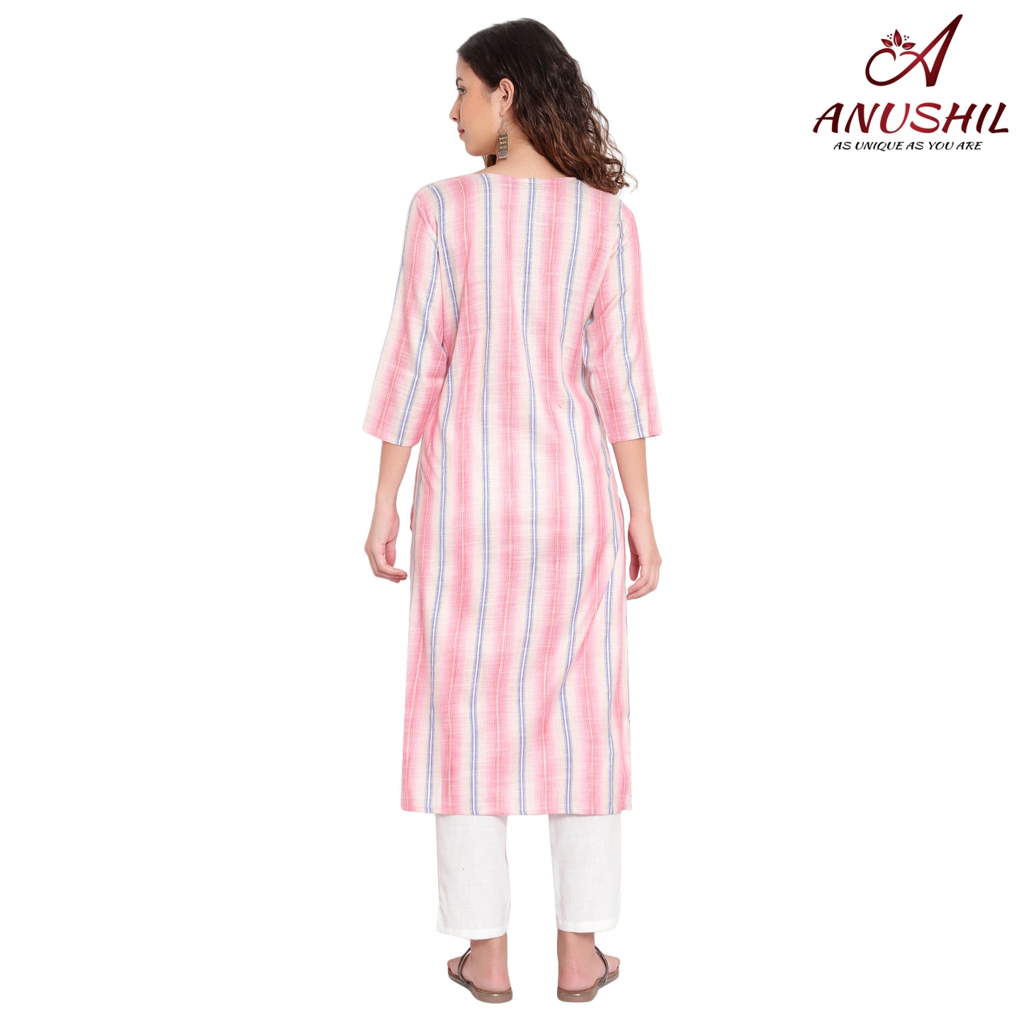 Cotton Rayon Stripe Pattern Kurta, Pink A-508