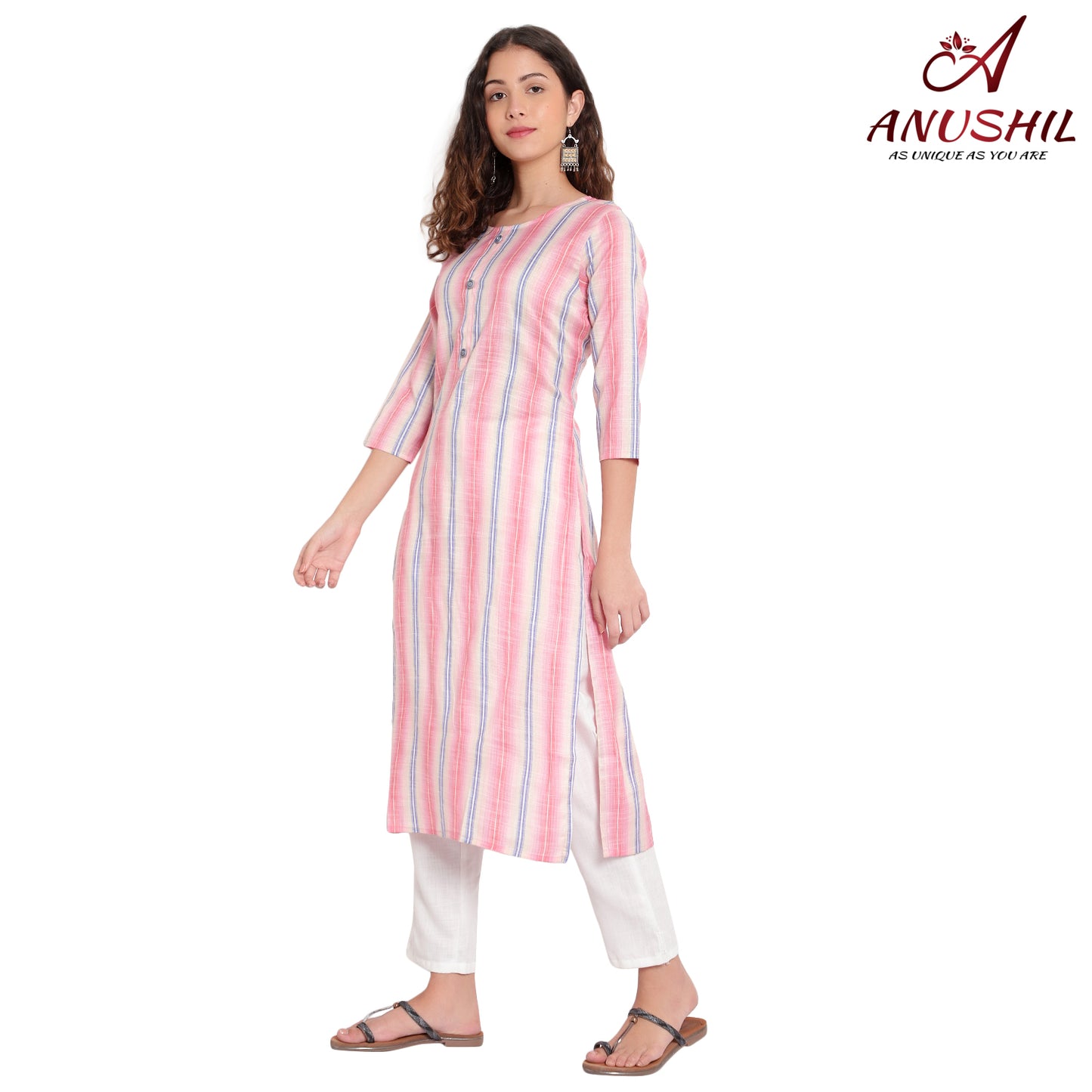 Cotton Rayon Stripe Pattern Kurta, Pink A-508
