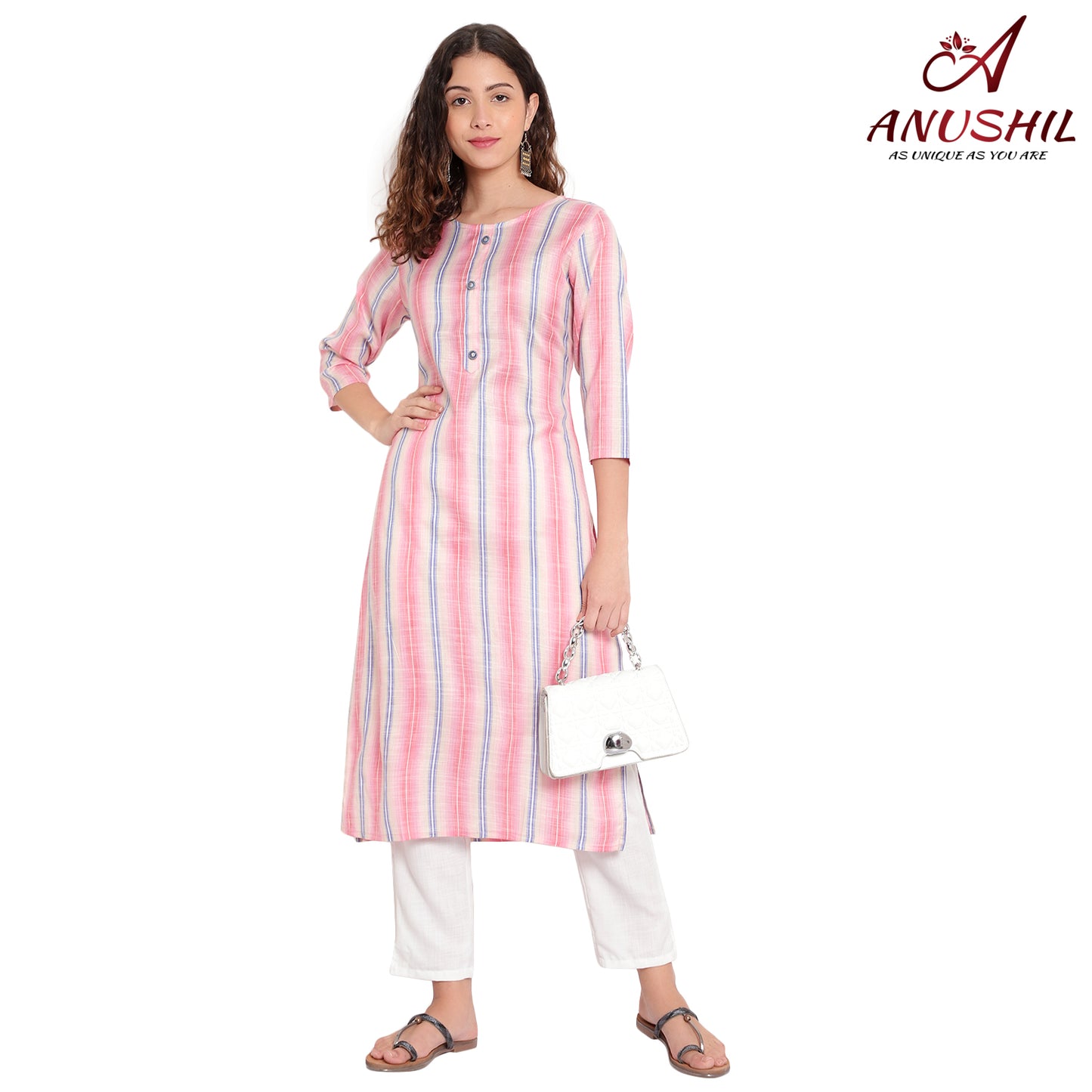 Cotton Rayon Stripe Pattern Kurta, Pink A-508