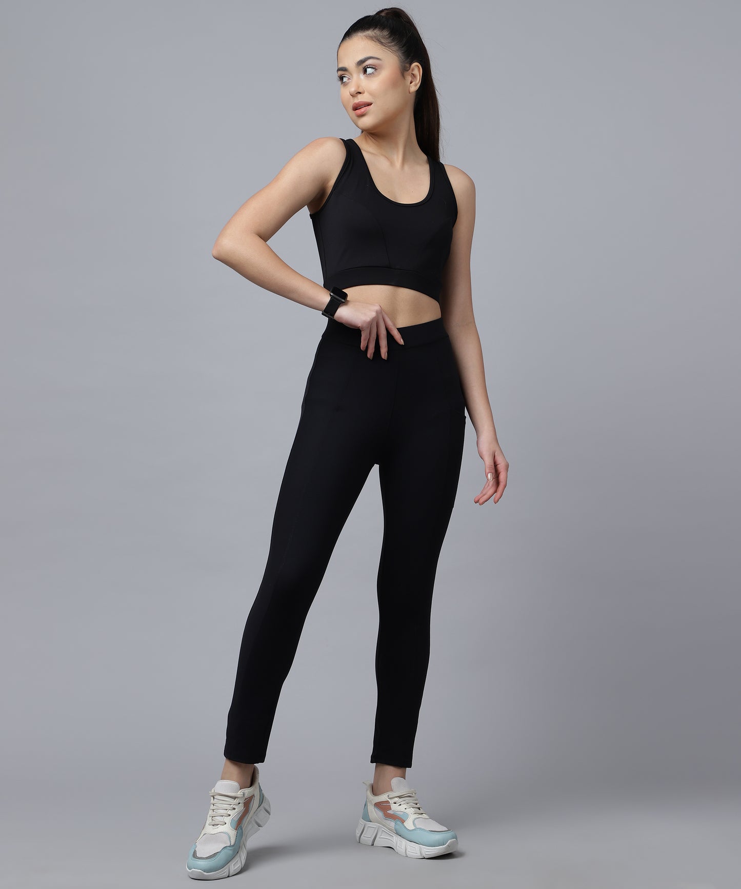 ANUSHIL Women Cotton Solid Stretch Fit Sport Bra And Jegging For Gym Sports Yoga Swimming Running (Color:-Black)