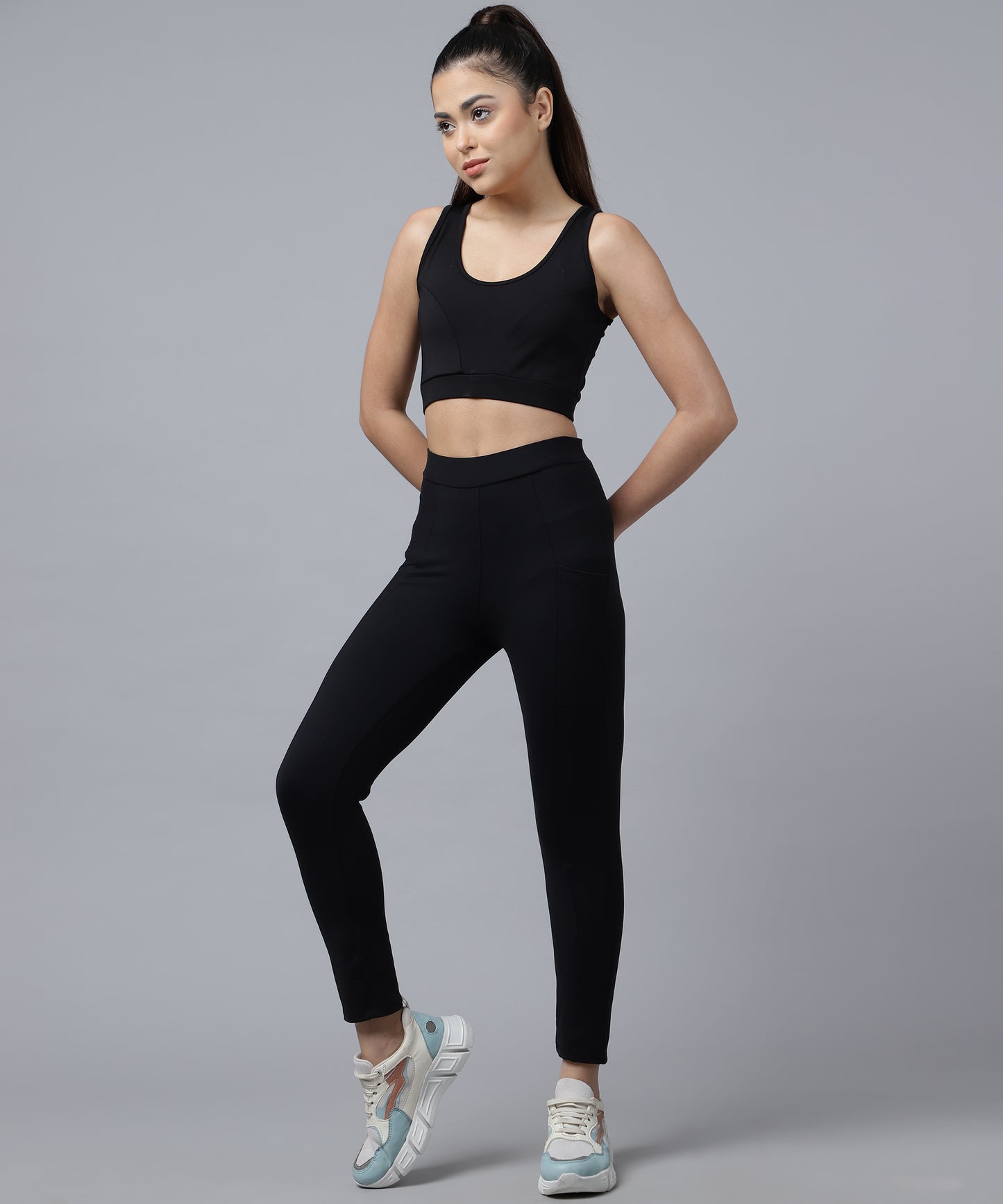 ANUSHIL Women Cotton Solid Stretch Fit Sport Bra And Jegging For Gym Sports Yoga Swimming Running (Color:-Black)