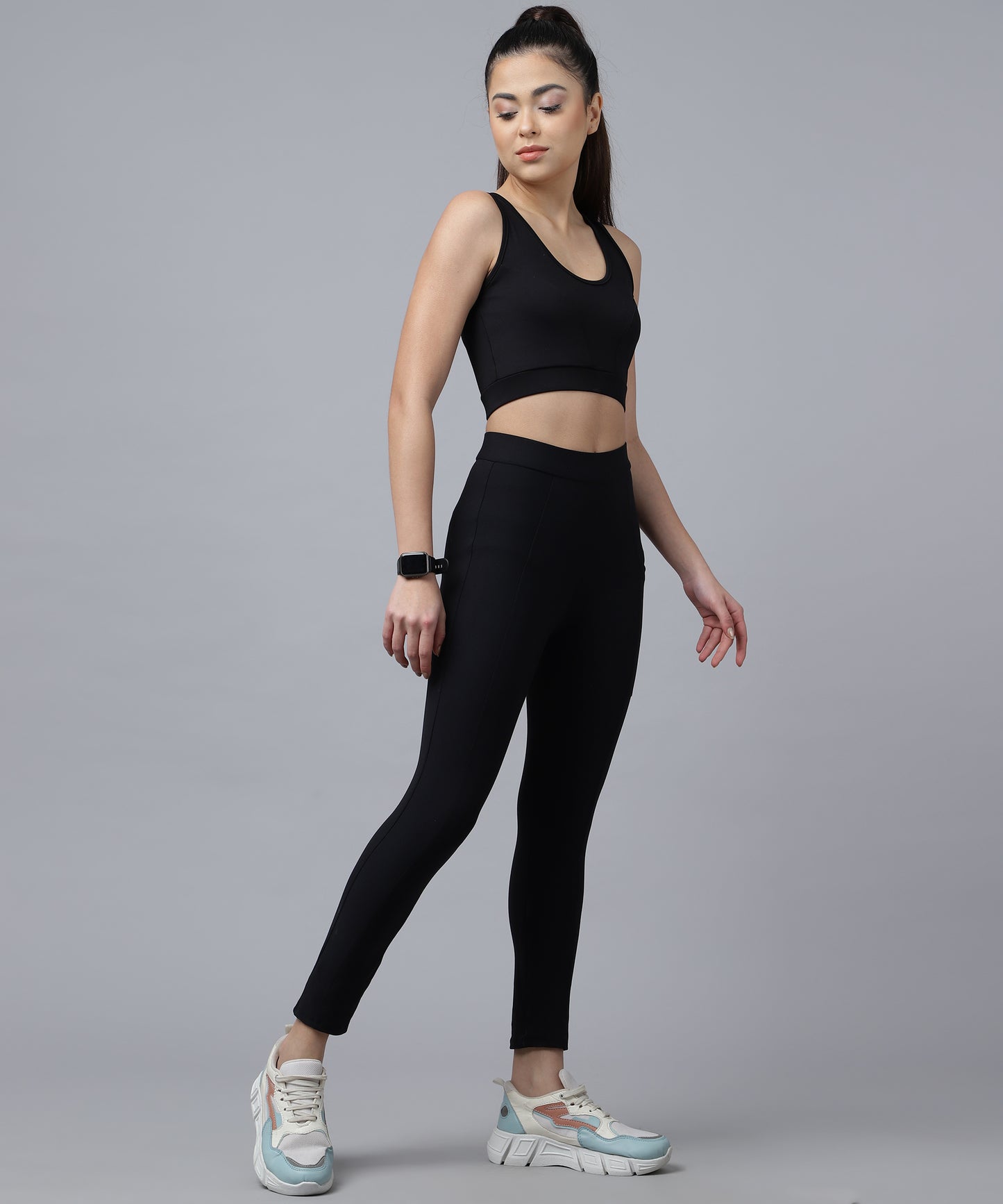 ANUSHIL Women Cotton Solid Stretch Fit Sport Bra And Jegging For Gym Sports Yoga Swimming Running (Color:-Black)