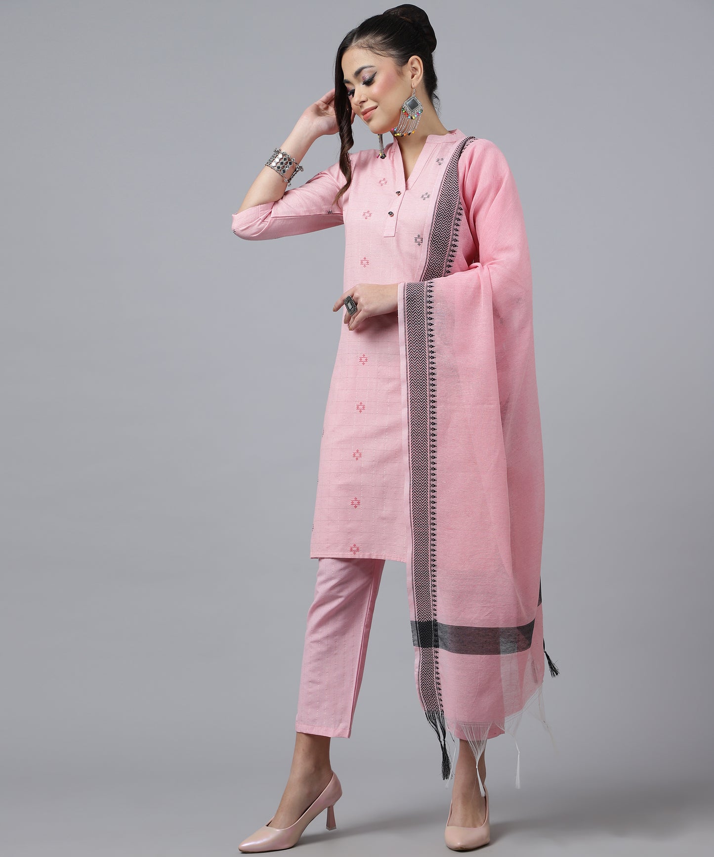 ANUSHIL Kurta Pant Set with Dupatta: Stunning V-Neck Lurex Checks and Embroidery, 3/4 Sleeves, Self-Design Pocket, Cotton Fabric(Pink)