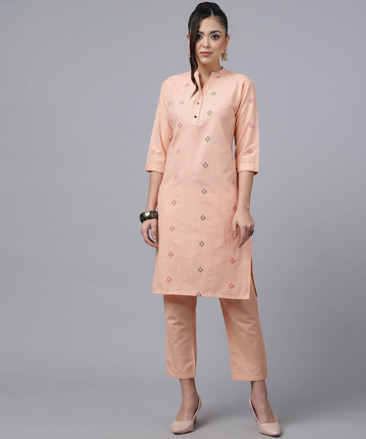 ANUSHIL Kurta Pant Set with Dupatta: Stunning V-Neck Lurex Checks and Embroidery, 3/4 Sleeves, Self-Design Pocket, Cotton Fabric(Peach)